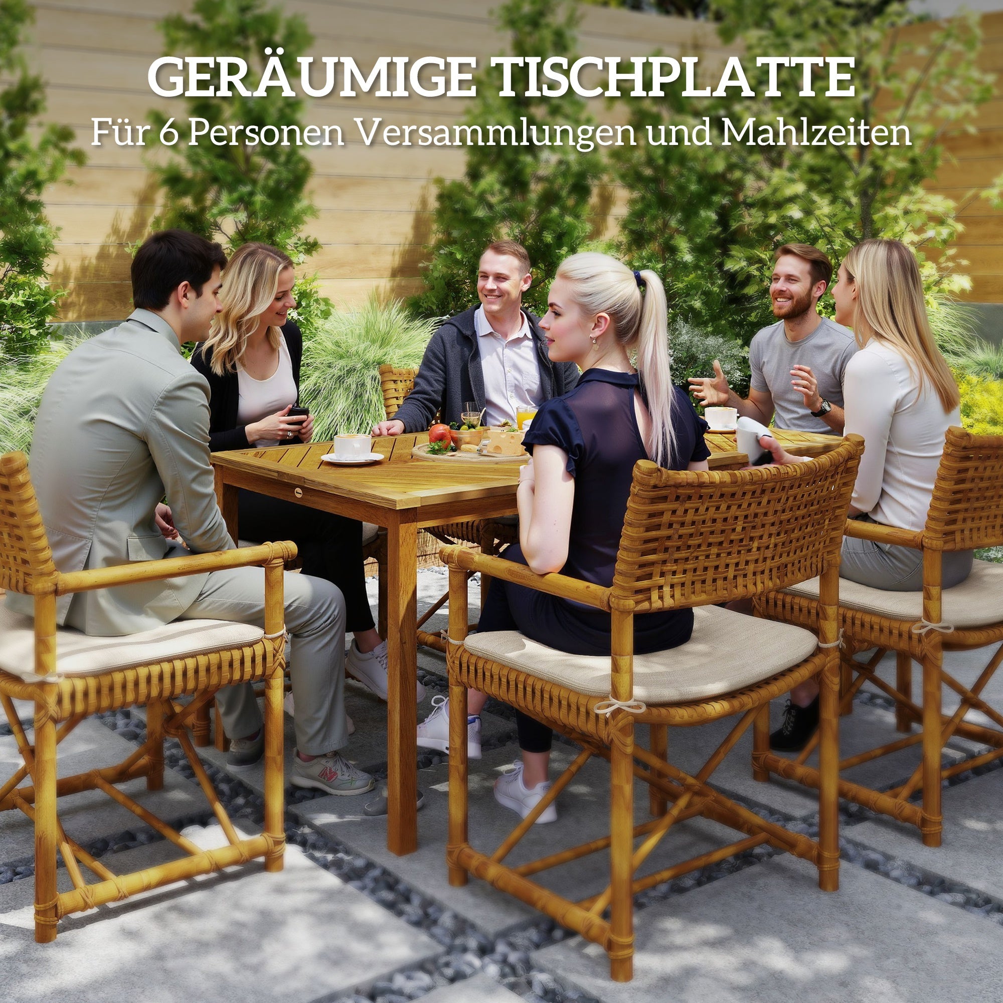 Garden Table 150x85cm, Weatherproof Wooden Patio Table for 6 People with Umbrella Hole, Slatted Side Table, Terrace Table for Garden Natural Wood