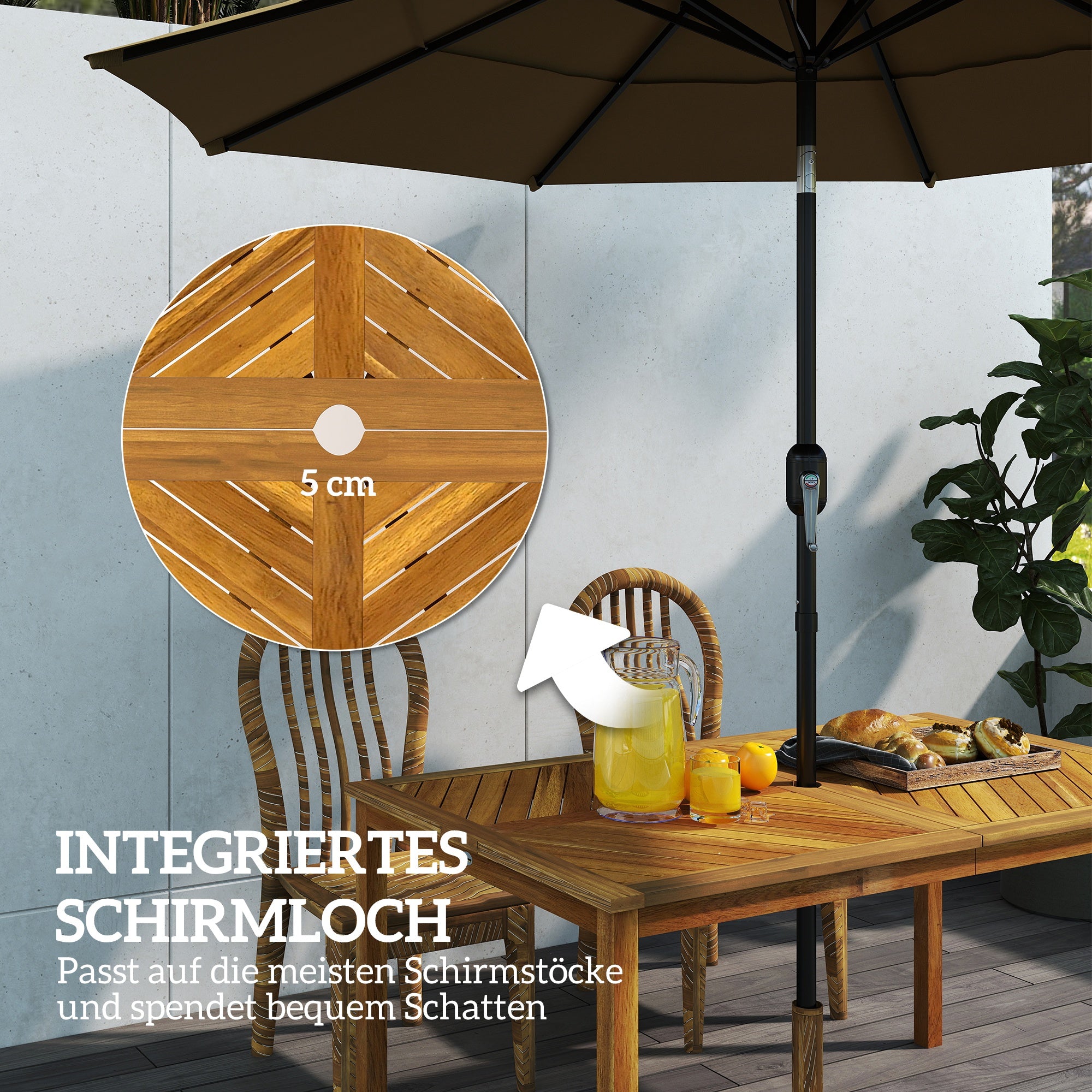 Garden Table 150x85cm, Weatherproof Wooden Patio Table for 6 People with Umbrella Hole, Slatted Side Table, Terrace Table for Garden Natural Wood