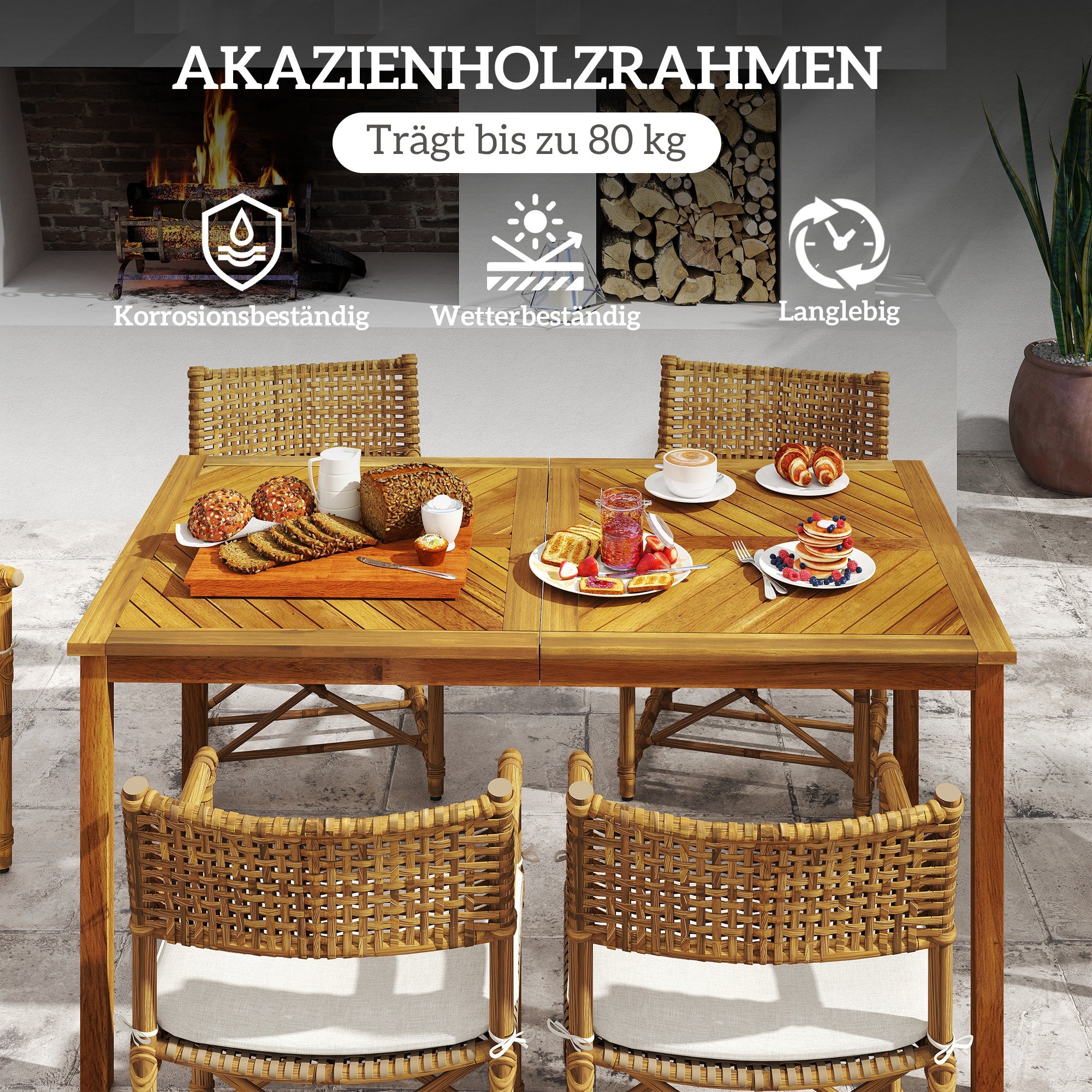 Garden Table 150x85cm, Weatherproof Wooden Patio Table for 6 People with Umbrella Hole, Slatted Side Table, Terrace Table for Garden Natural Wood