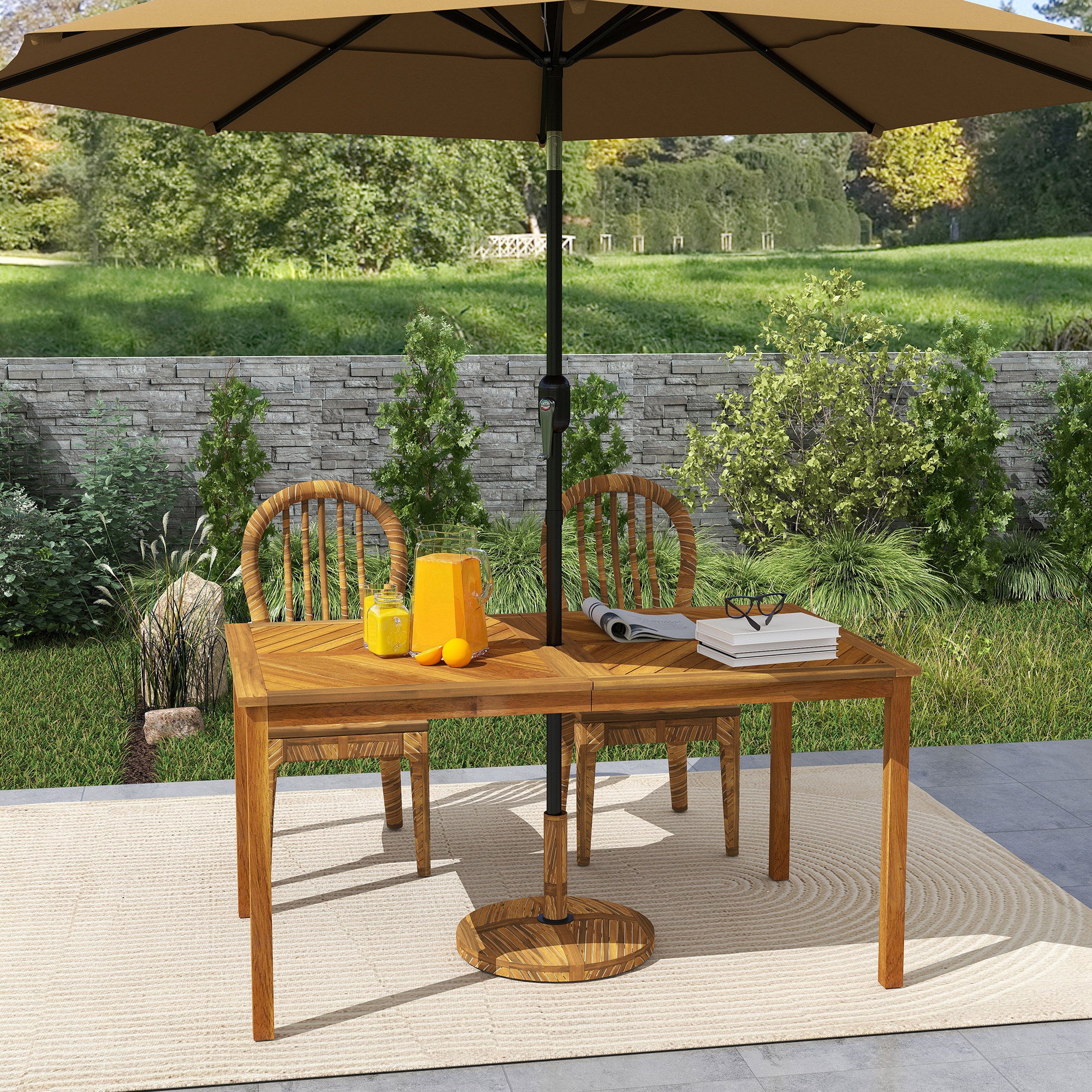 Garden Table 150x85cm, Weatherproof Wooden Patio Table for 6 People with Umbrella Hole, Slatted Side Table, Terrace Table for Garden Natural Wood