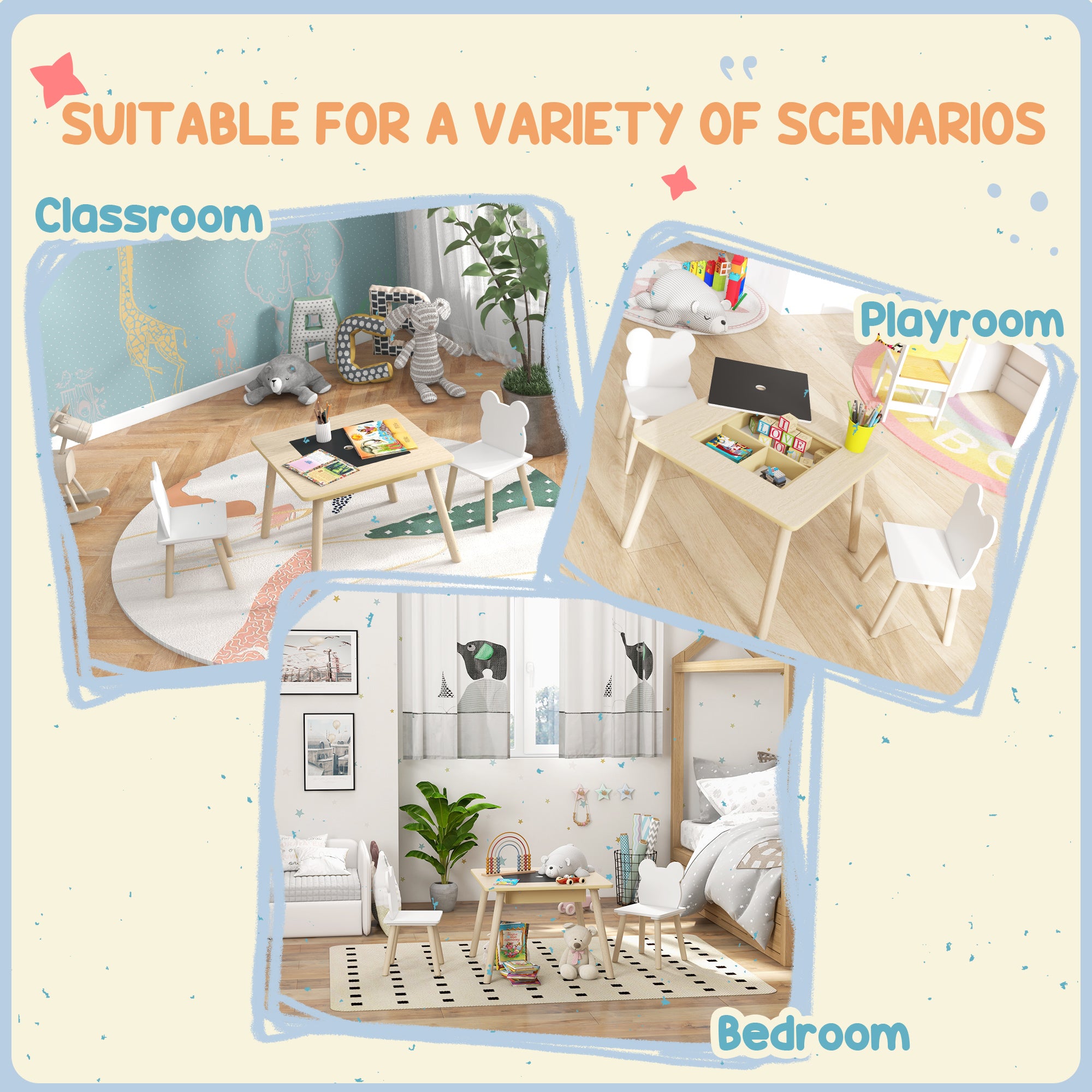 Kids' Table with 2 Chairs — Children's Seating Set with Storage, Flip & Removable Tabletop, Bear-Back Chairs, Natural Wood (Ages 3–6)