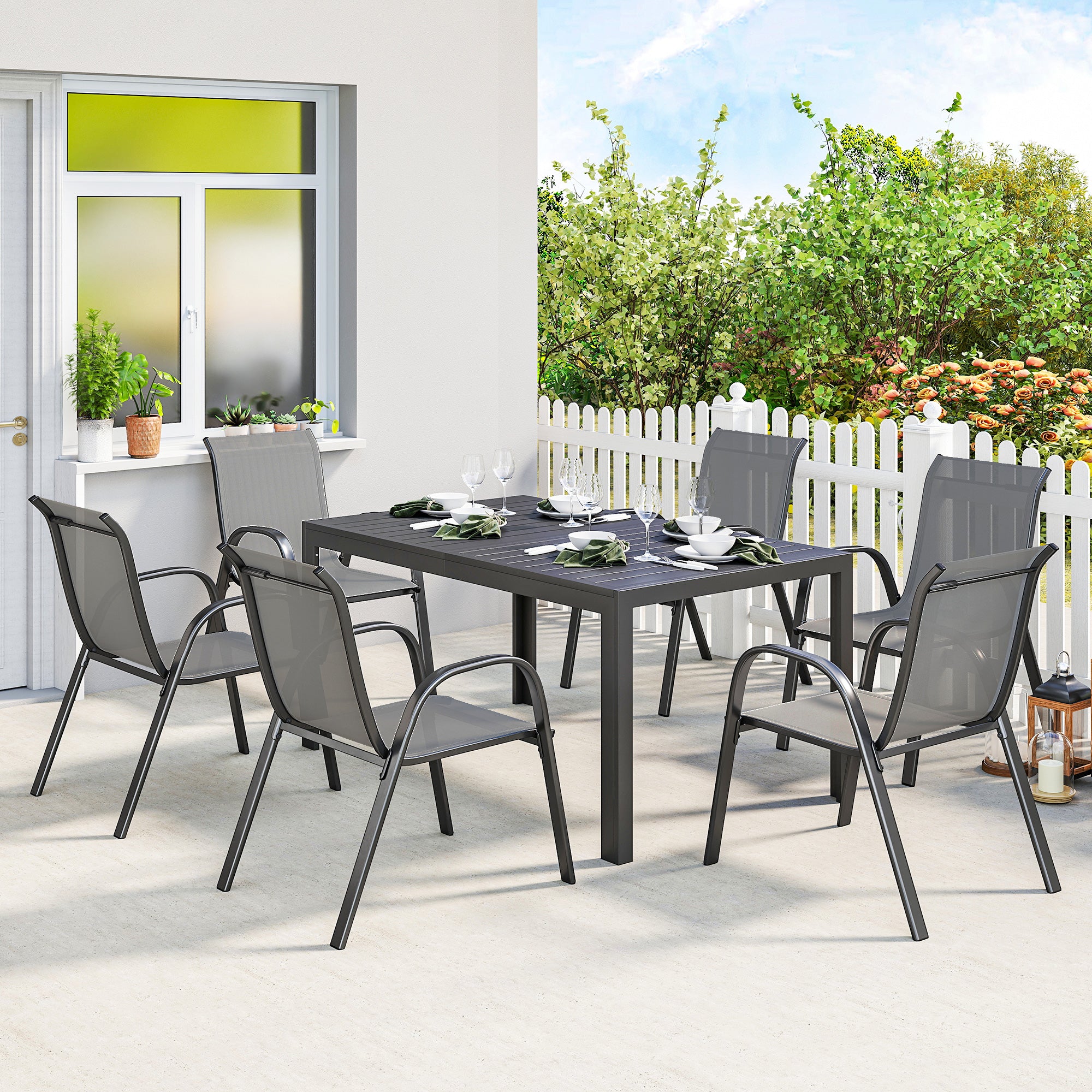 7-Piece Garden Dining Set — Rectangular Table with 6 Stackable Textilene Chairs, Light Gray
