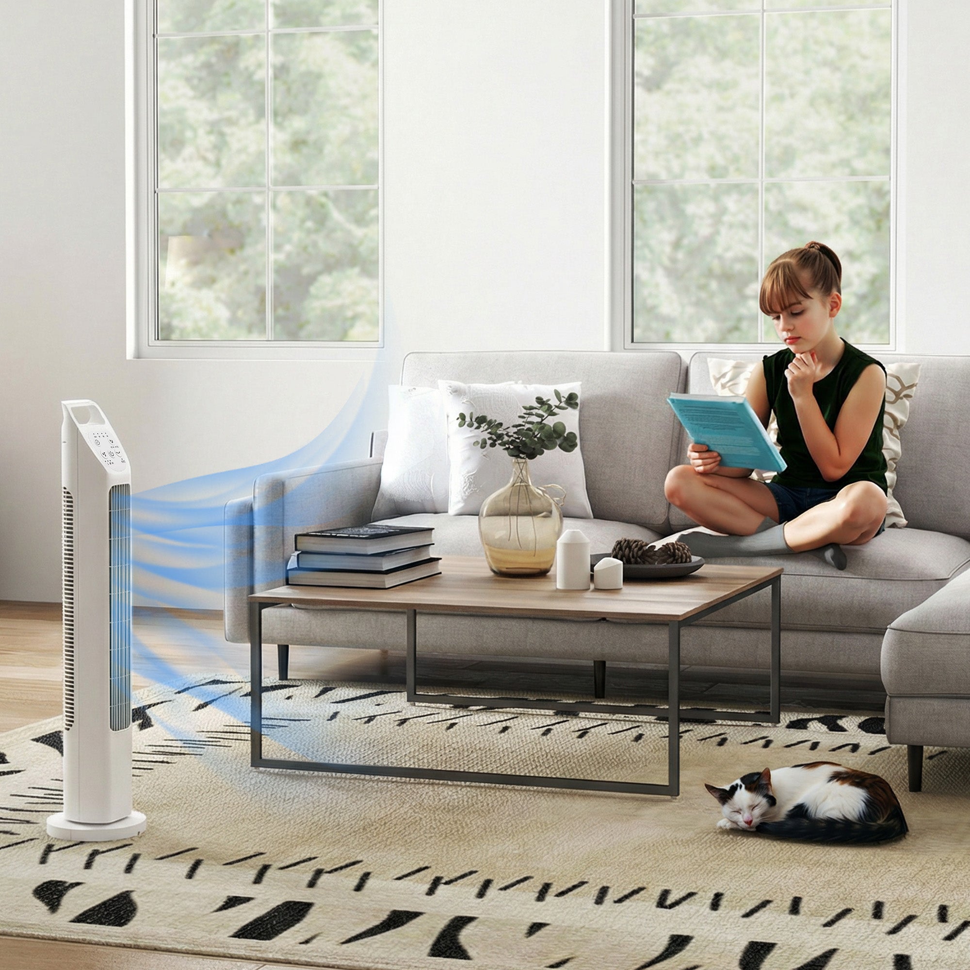 Tower Fan with Remote, 75° Oscillation, 3 Speeds, 3 Modes, 7.5-Hour Timer, Quiet Bladeless Fan for Bedroom & Office, White