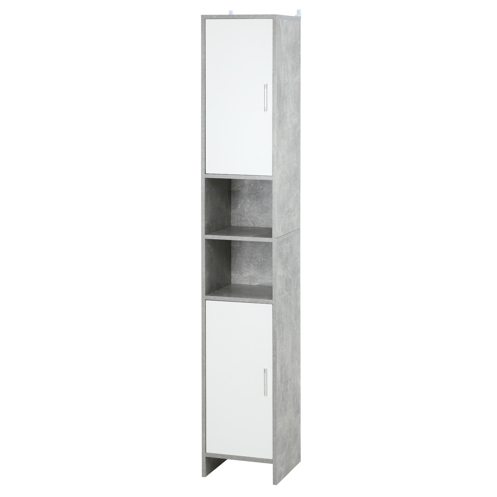 Bathroom Column with 2 Cabinets and 2 Open Compartments, Tall Space-Saving Cabinet in Cement Effect Wood, 30x30x180cm, Gray