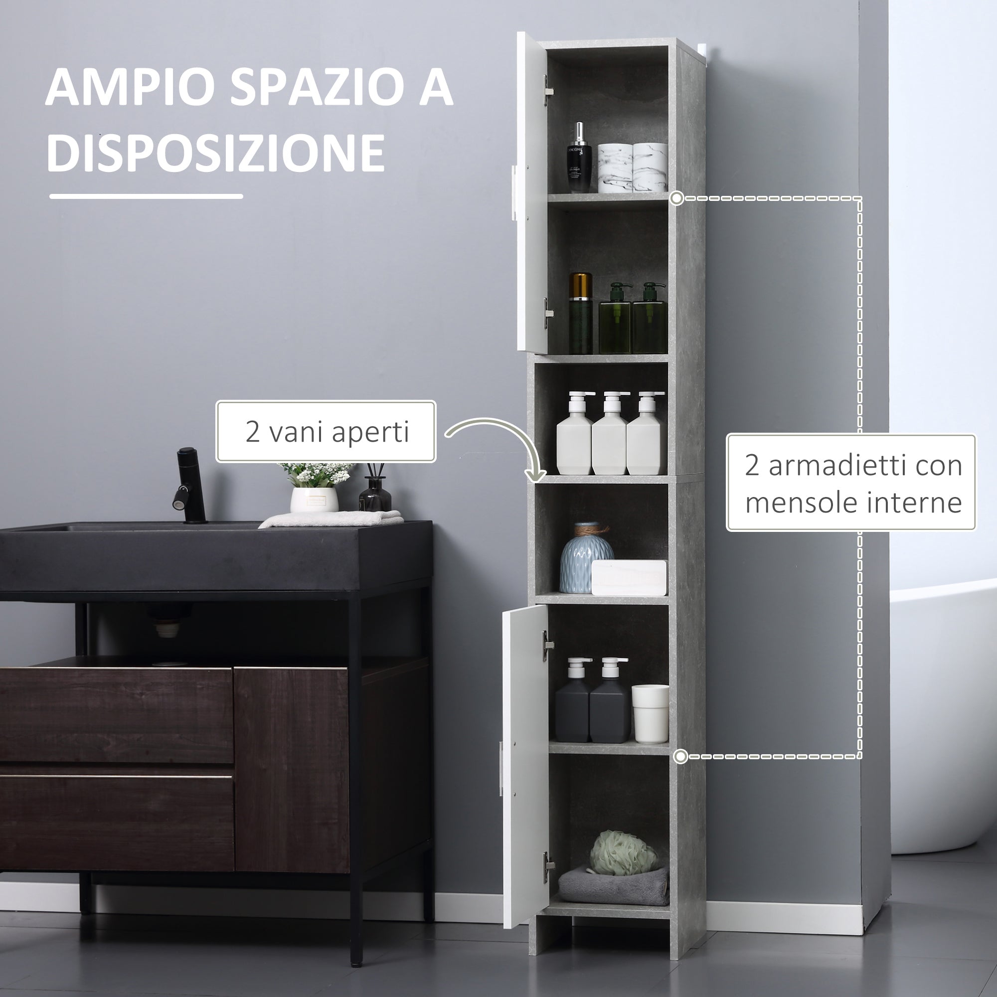 Bathroom Column with 2 Cabinets and 2 Open Compartments, Tall Space-Saving Cabinet in Cement Effect Wood, 30x30x180cm, Gray