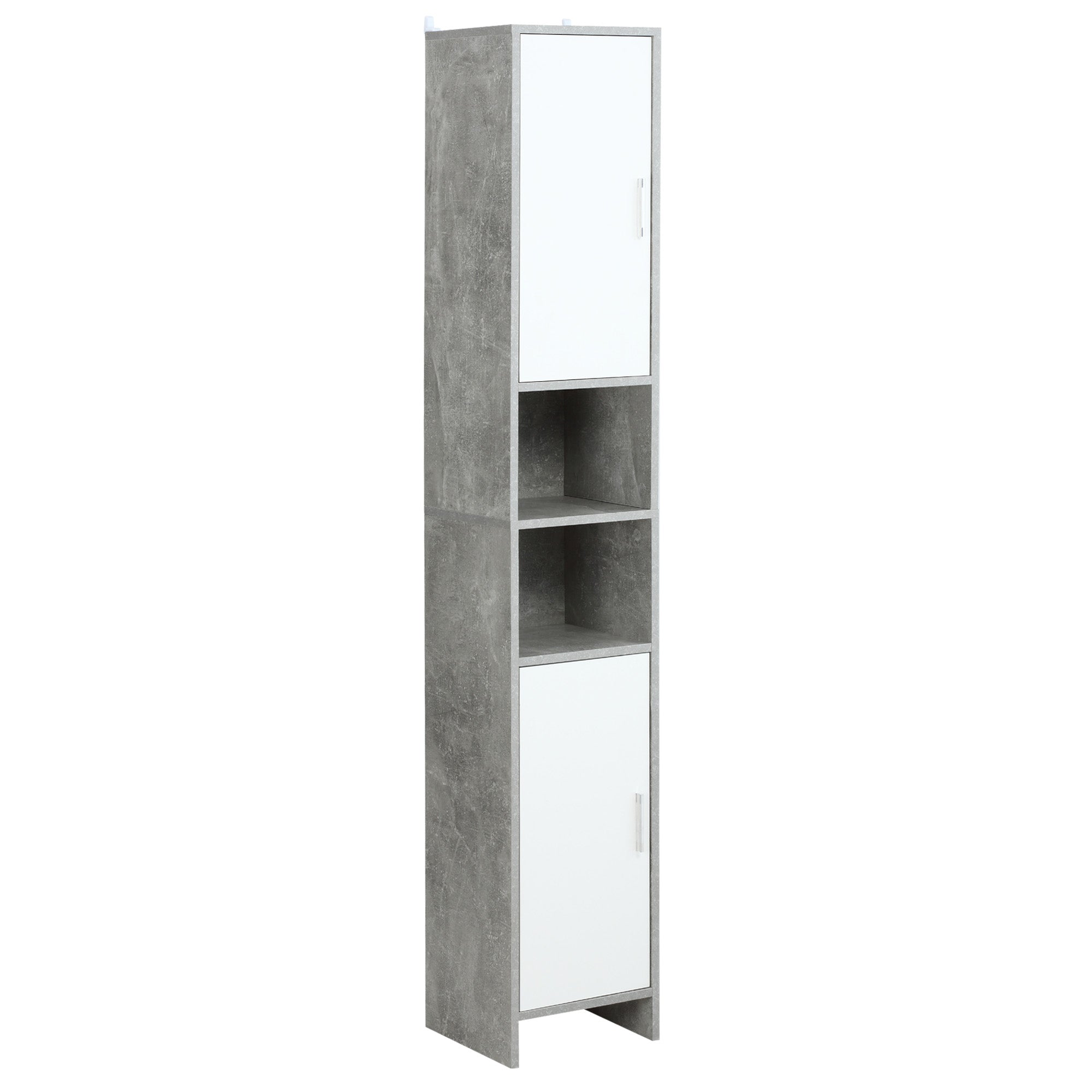 Bathroom Column with 2 Cabinets and 2 Open Compartments, Tall Space-Saving Cabinet in Cement Effect Wood, 30x30x180cm, Gray