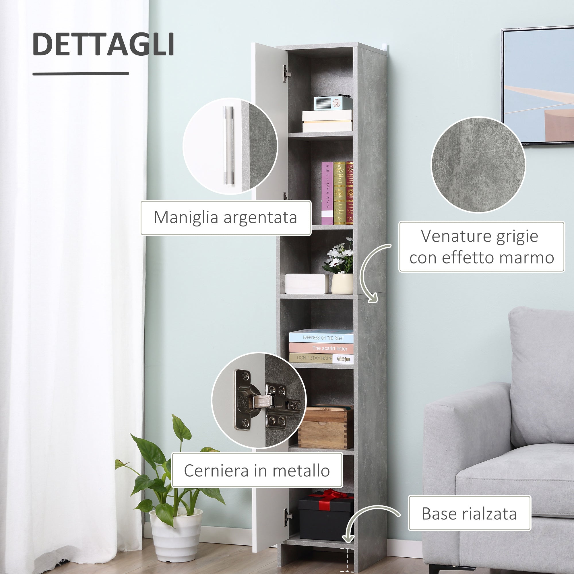 Bathroom Column with 2 Cabinets and 2 Open Compartments, Tall Space-Saving Cabinet in Cement Effect Wood, 30x30x180cm, Gray