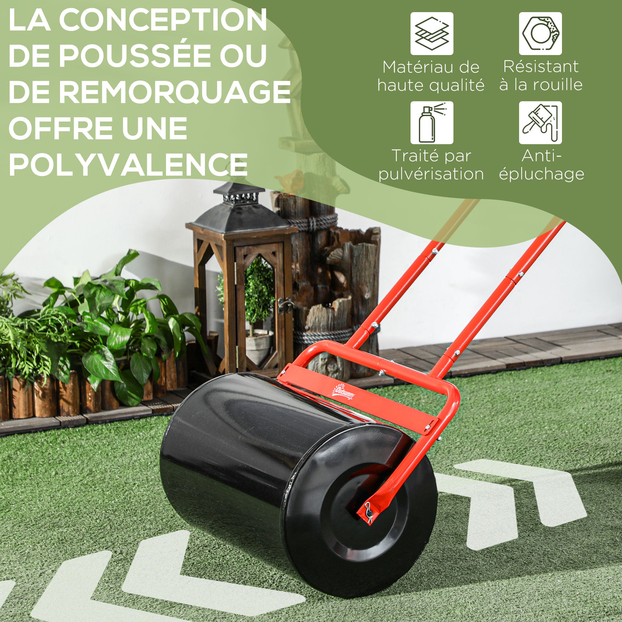 Steel Garden Lawn Roller with Handle dim. 59L x 32W x 113H cm Max Weight 38 L Red Black