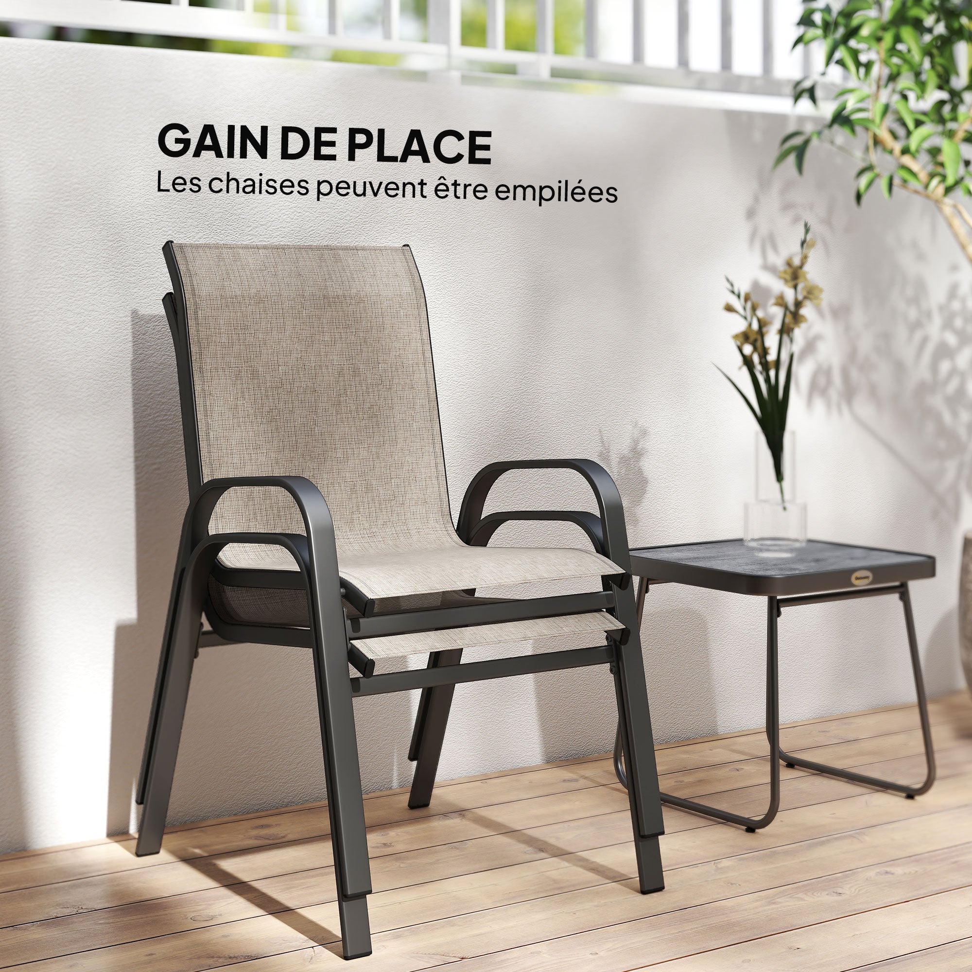 3-Piece Steel Garden Set with 2 Stackable Chairs and Square Coffee Table with High Back Textilene Cover in Brown