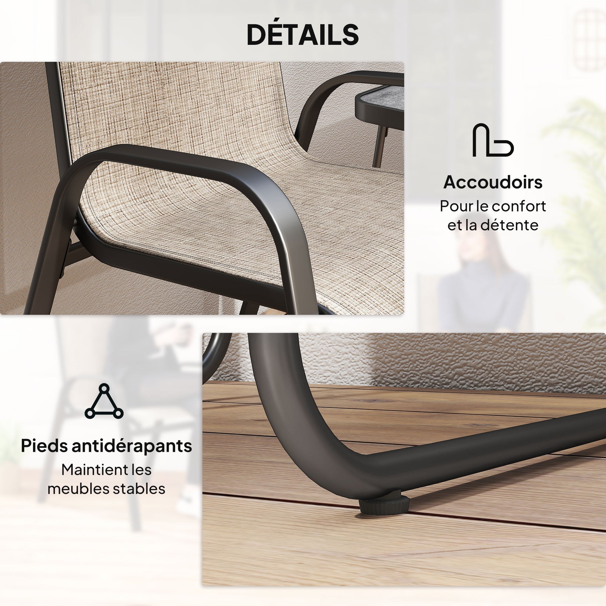 3-Piece Steel Garden Set with 2 Stackable Chairs and Square Coffee Table with High Back Textilene Cover in Brown