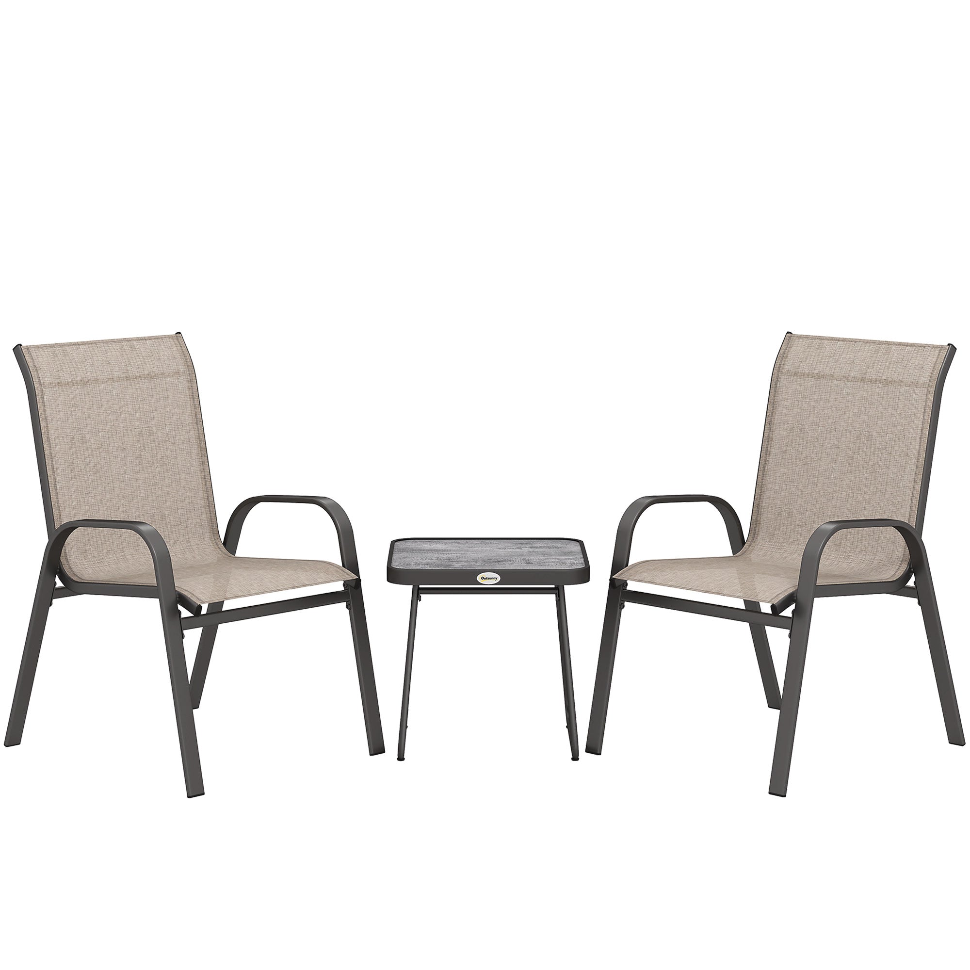 3-Piece Steel Garden Set with 2 Stackable Chairs and Square Coffee Table with High Back Textilene Cover in Brown