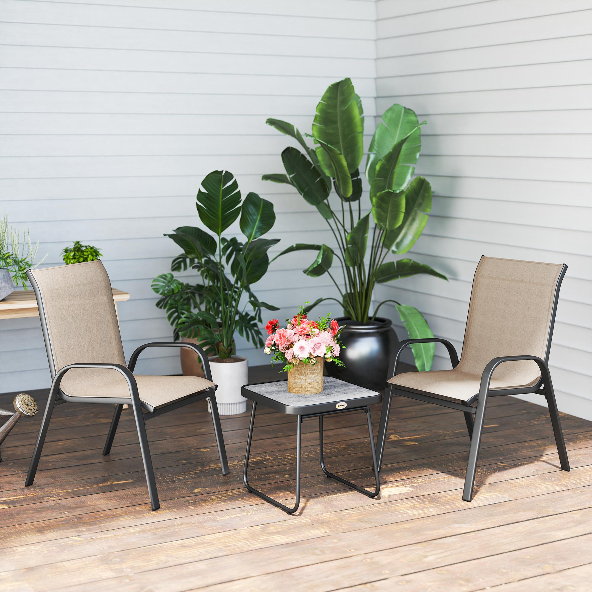 3-Piece Steel Garden Set with 2 Stackable Chairs and Square Coffee Table with High Back Textilene Cover in Brown