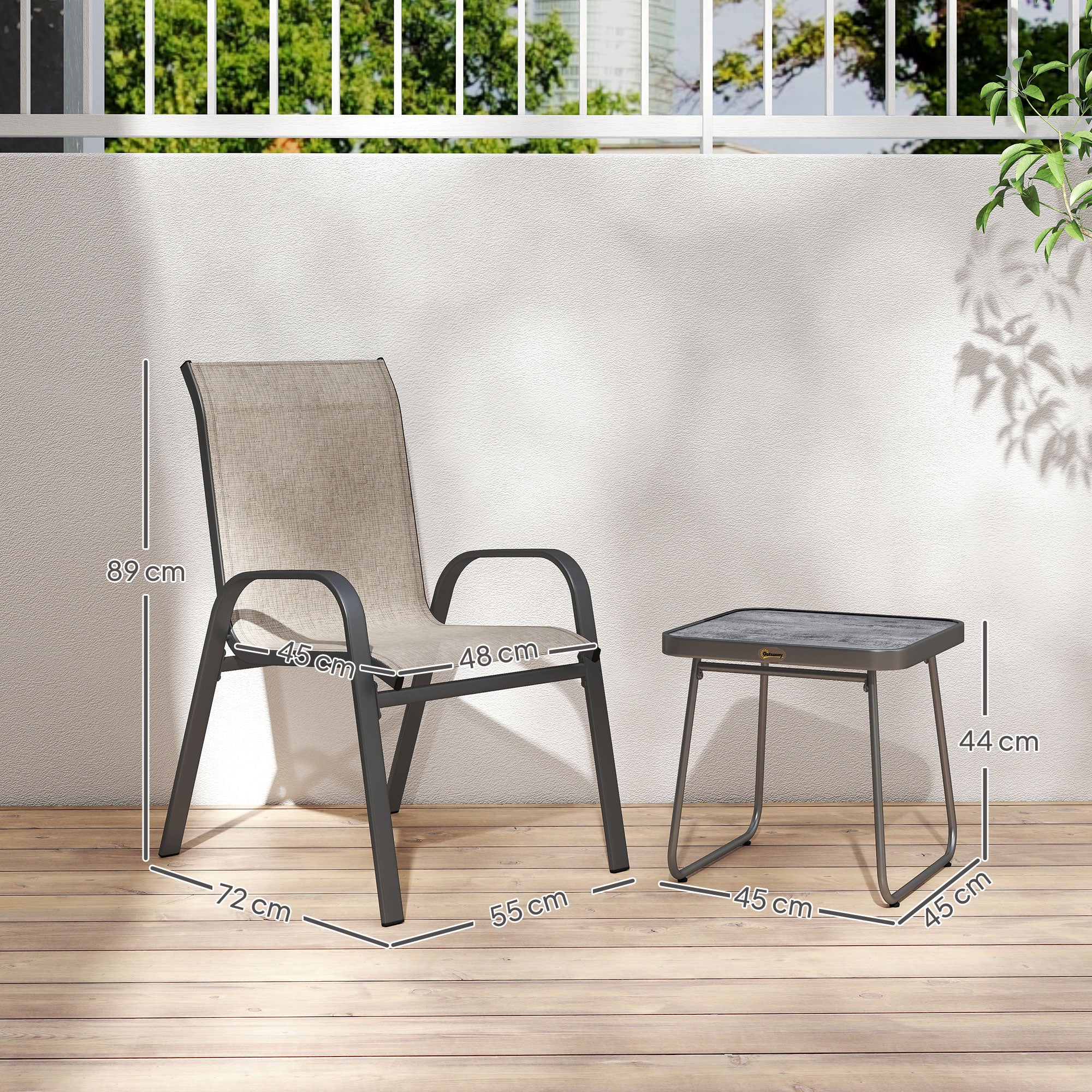 3-Piece Steel Garden Set with 2 Stackable Chairs and Square Coffee Table with High Back Textilene Cover in Brown