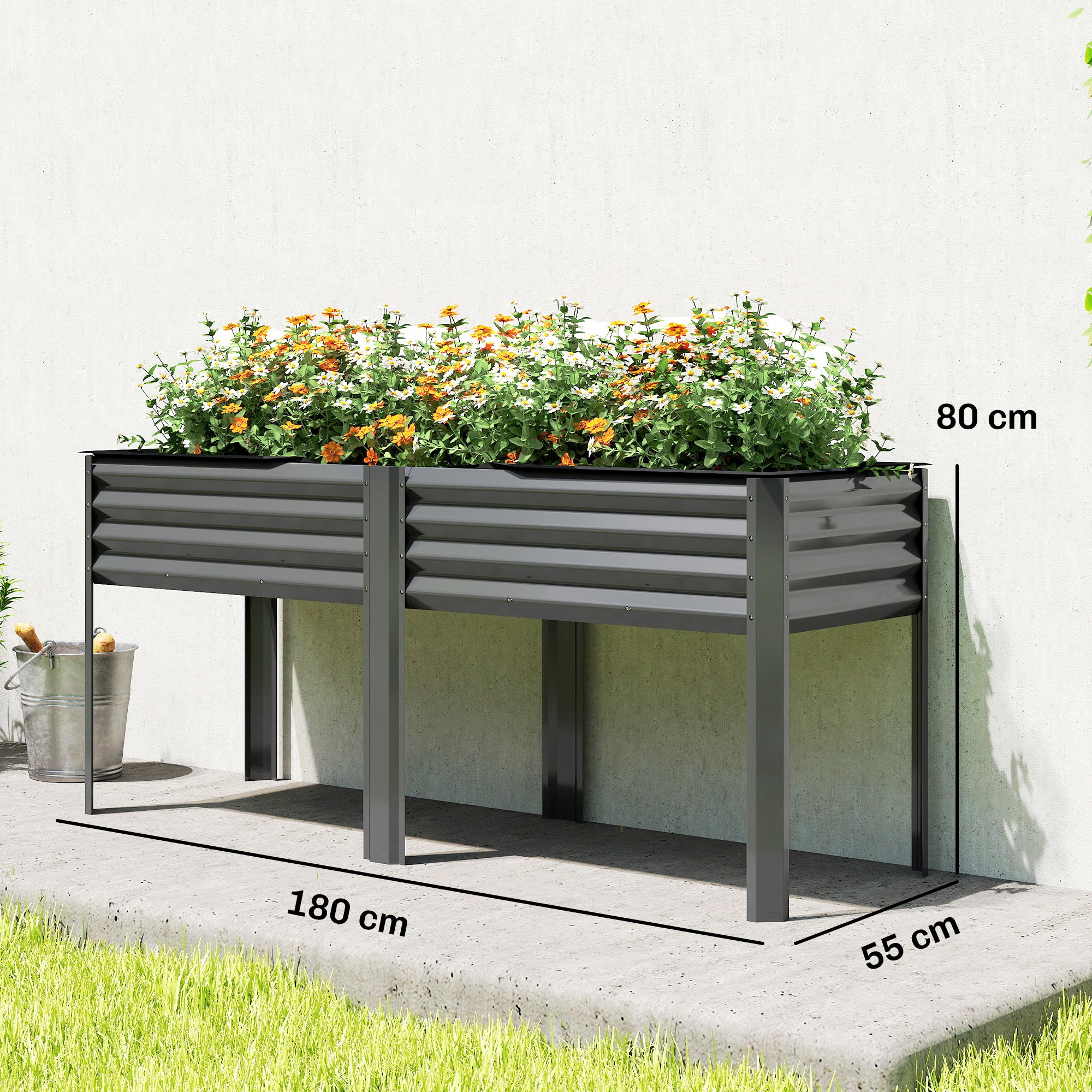 Metal Raised Garden Bed – Extra-Large Planter with Reinforcement Bars & Fabric Liner, Elevated Planter 180 x 55 x 80 cm (71 x 21.7 x 31.5 in), Dark Gray