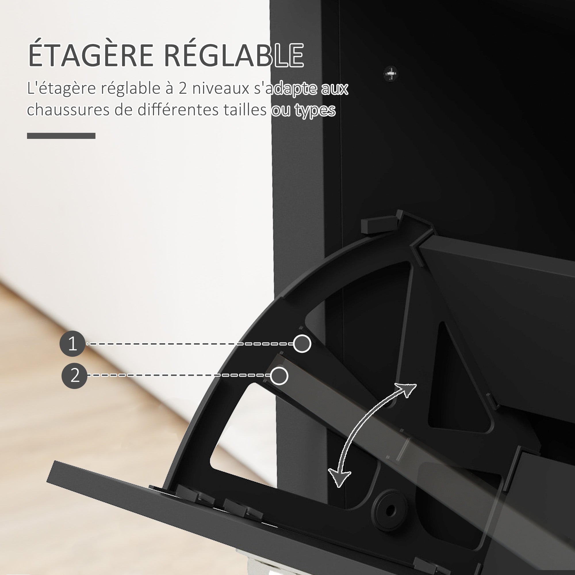 Shoe Cabinet, 2 Swing Doors, 2 Compartments, Silver Metal Shell Handles, Black Oak