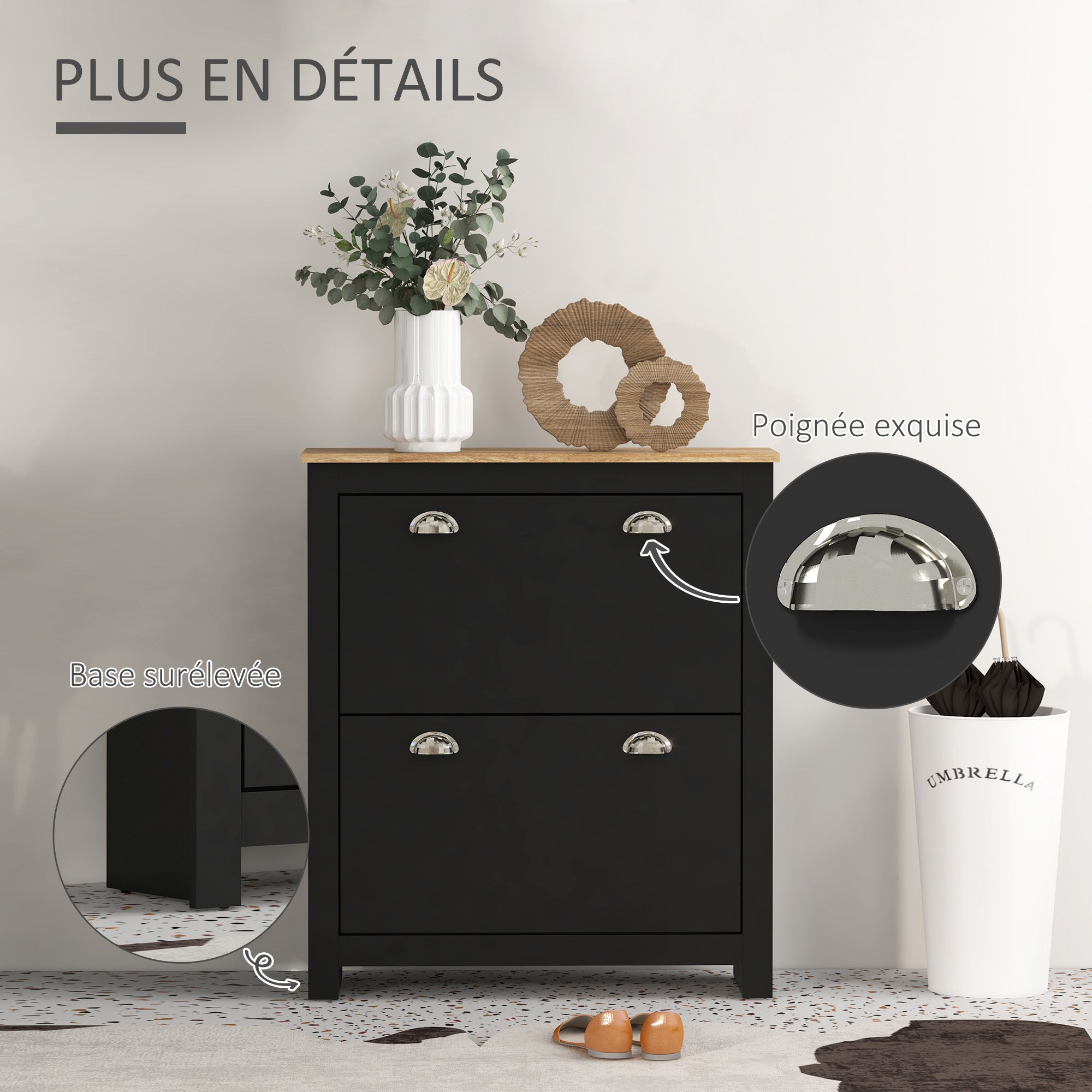 Shoe Cabinet, 2 Swing Doors, 2 Compartments, Silver Metal Shell Handles, Black Oak