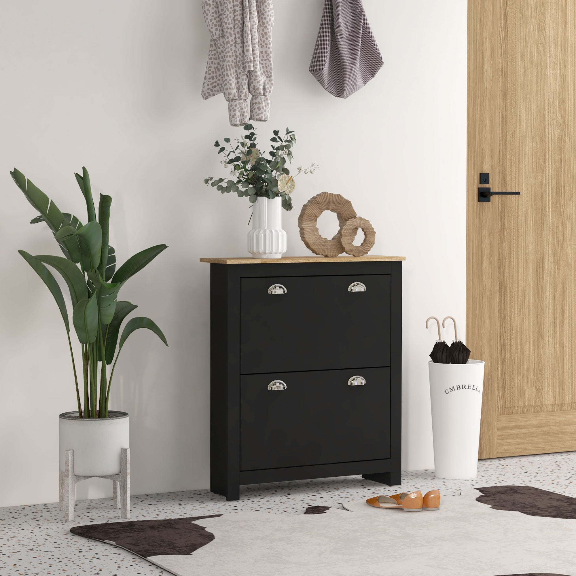 Shoe Cabinet, 2 Swing Doors, 2 Compartments, Silver Metal Shell Handles, Black Oak