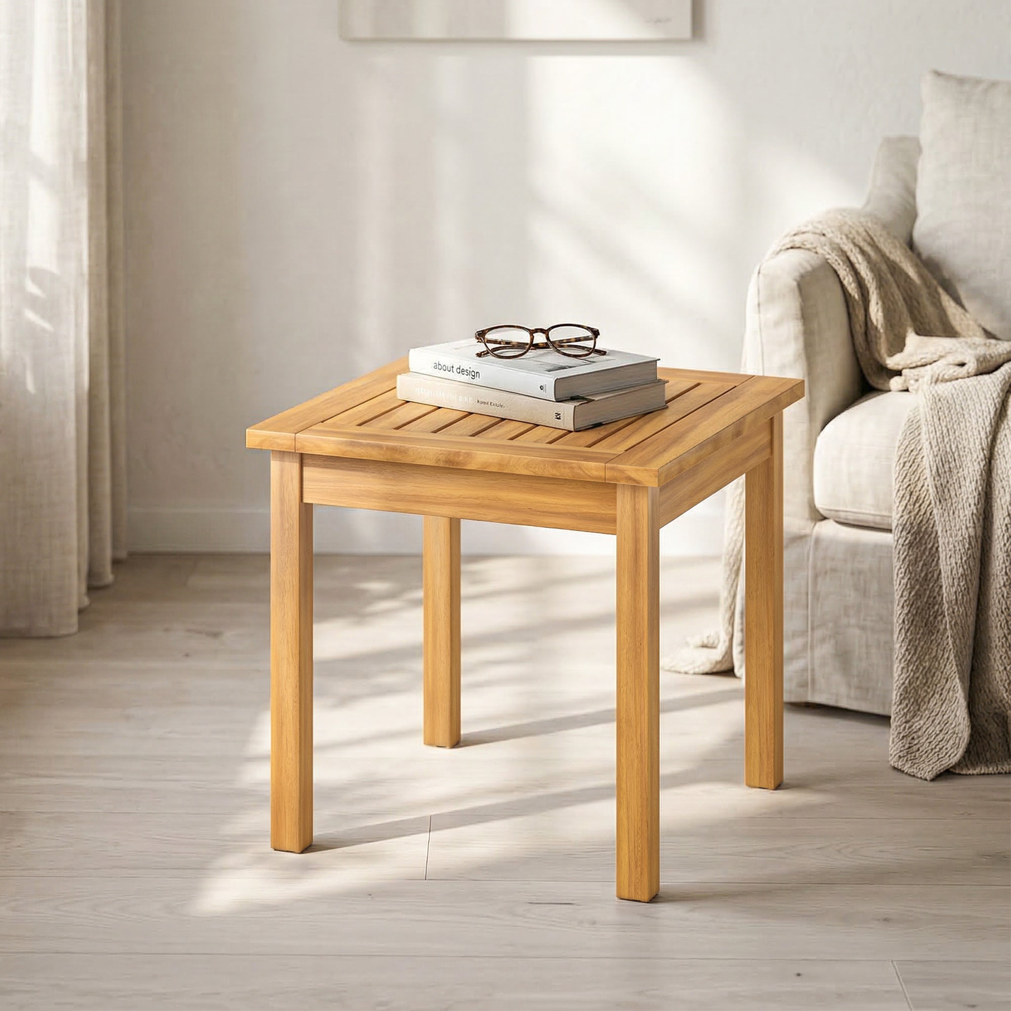 Square Side Table 48 x 48 x 46 cm (19 x 19 x 18.1 in), Weatherproof Acacia Wood Garden Table with Slatted Top and Adjustable Feet, Holds 30 kg (66 lb)