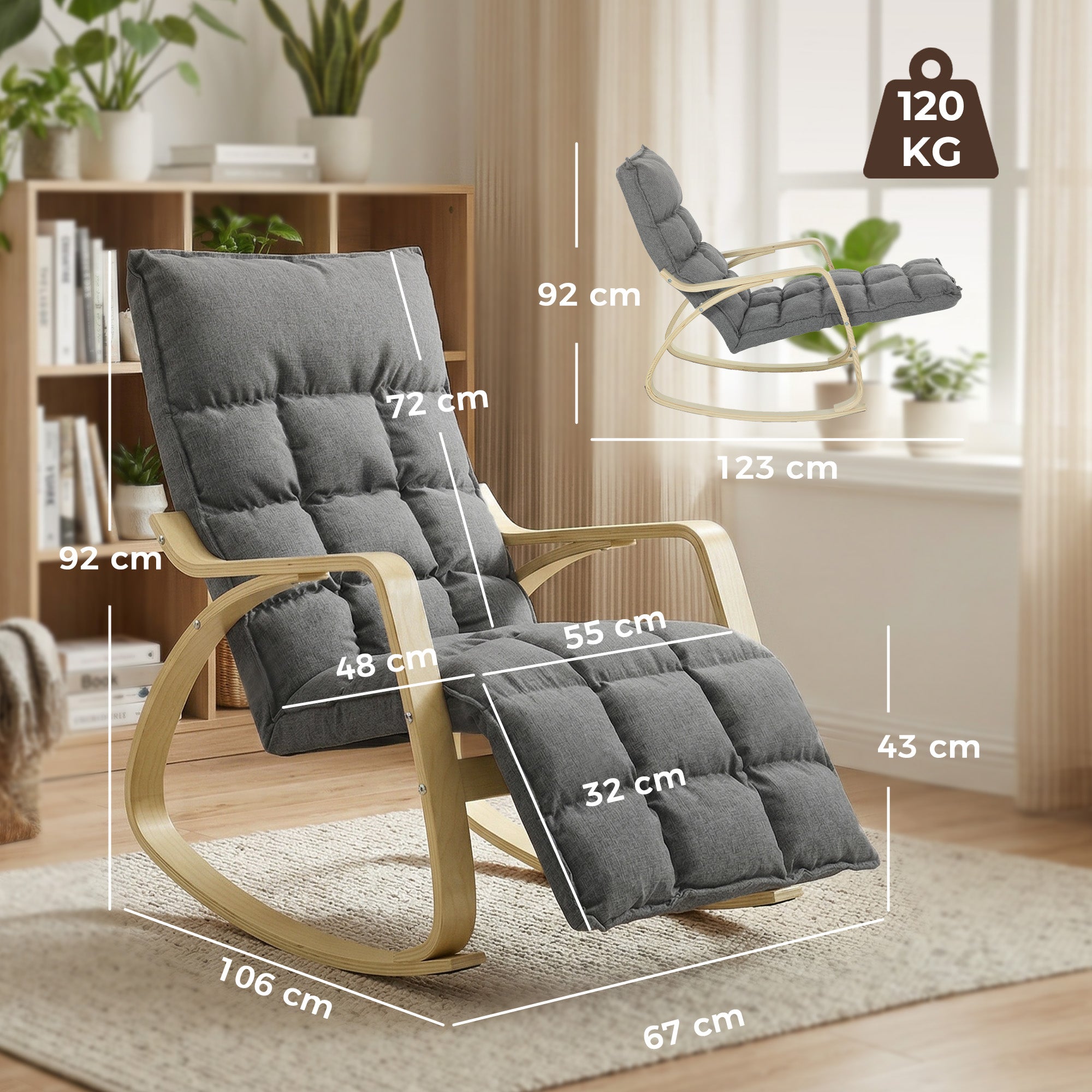Rocking Recliner with 5-Position Adjustable Footrest, High Back, Linen-Look Upholstery — Gray