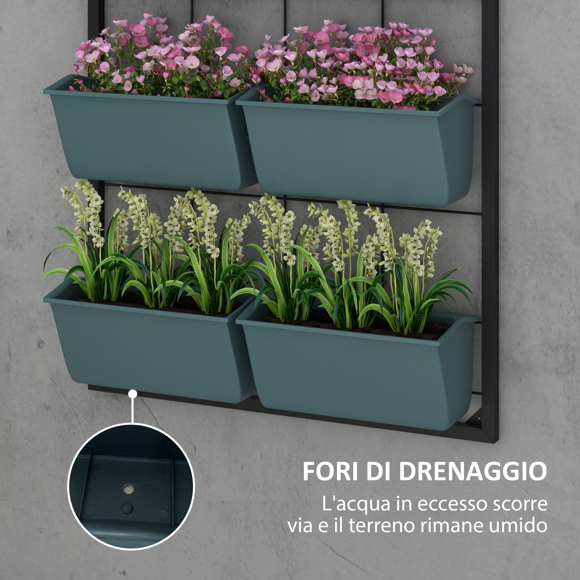 Vertical Outdoor Planter with 3 Levels, 6 Plastic Outdoor Plant Pots with Drainage Holes, Hanging Planters for Flowers and Herbs, 52x14x66 cm, Dark Green