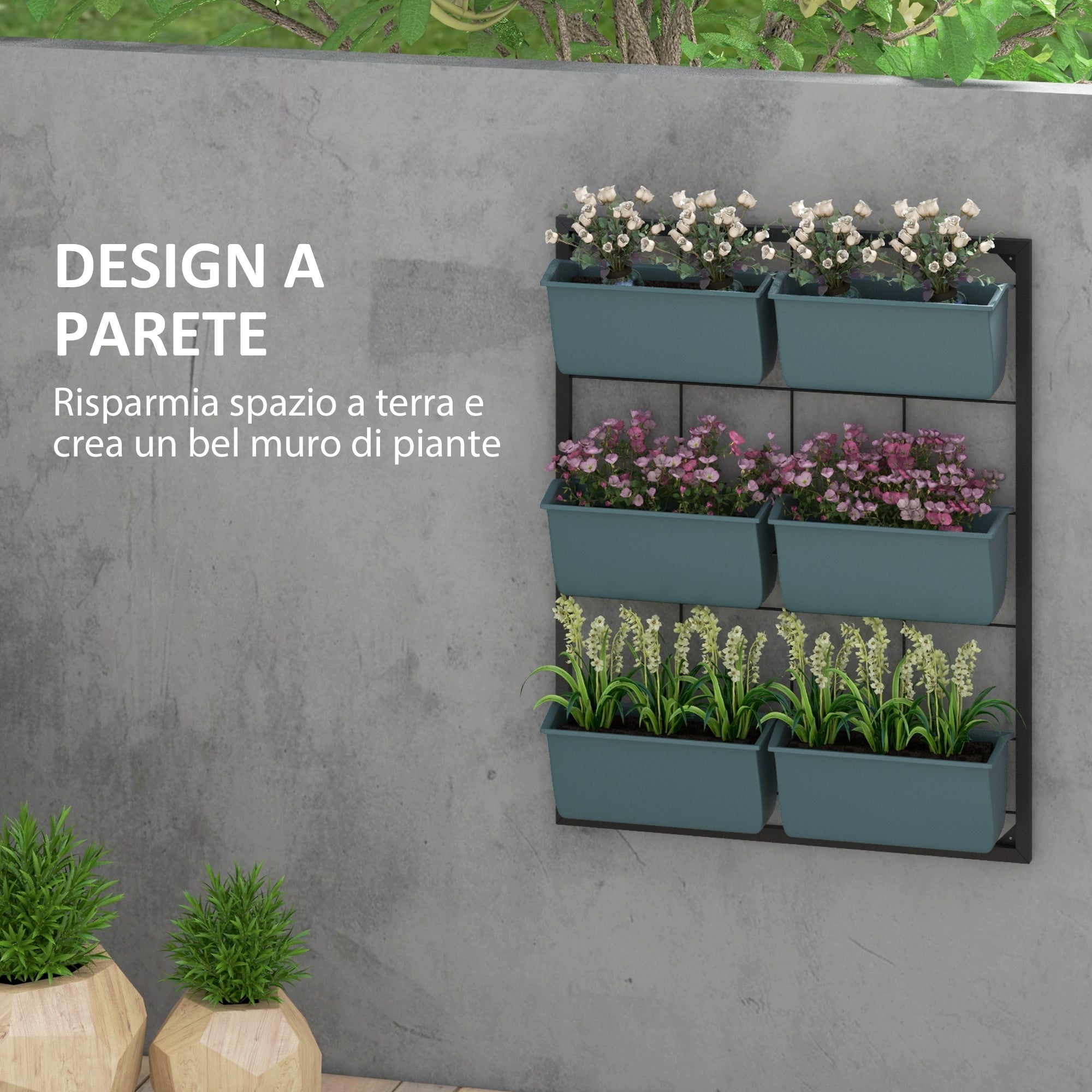 Vertical Outdoor Planter with 3 Levels, 6 Plastic Outdoor Plant Pots with Drainage Holes, Hanging Planters for Flowers and Herbs, 52x14x66 cm, Dark Green