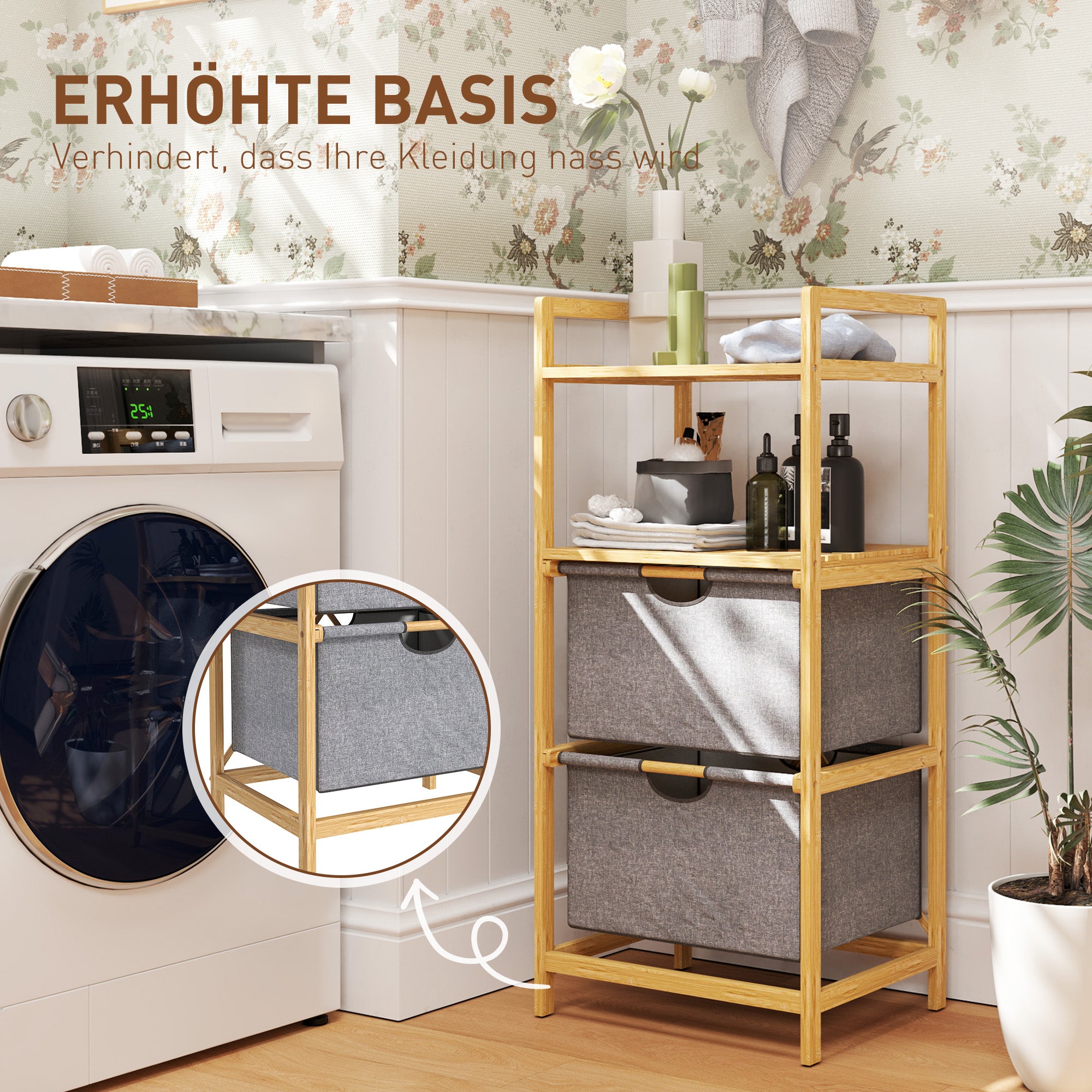 Laundry Basket 35.4 L Hamper with 2 Fabric Baskets, Open Shelves, Laundry Box with Handle, for Bathroom, Bamboo, Natural