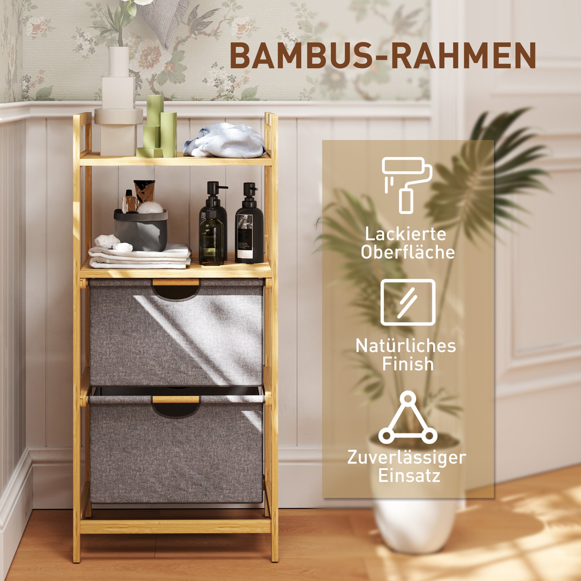 Laundry Basket 35.4 L Hamper with 2 Fabric Baskets, Open Shelves, Laundry Box with Handle, for Bathroom, Bamboo, Natural