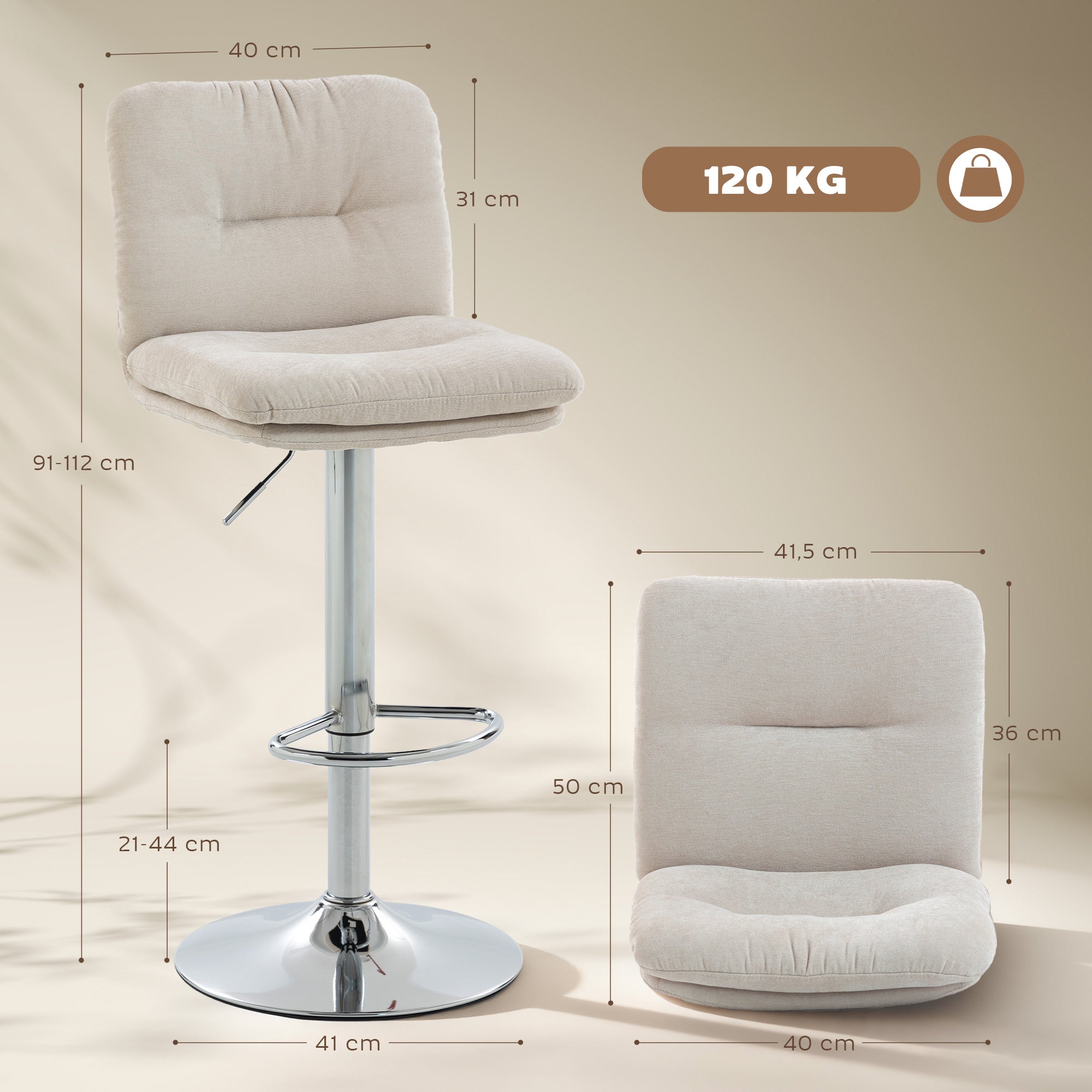 Set of 2 Swivel Bar Stools, Tall Counter Stools with Linen-Look Upholstery, Adjustable 25.2–33.9 in, Backrest, Footrest, Padded Seat & Steel Base, Beige