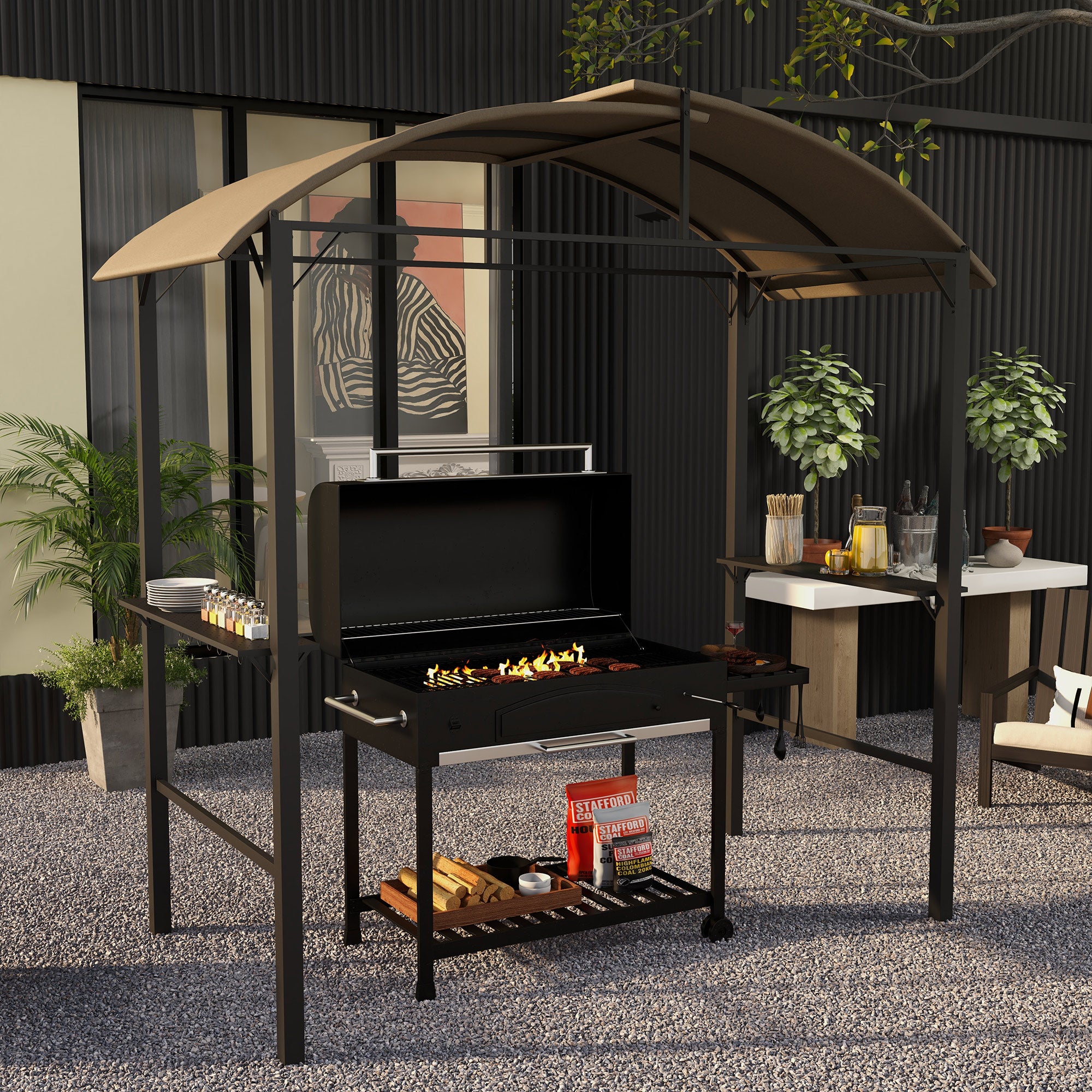 1.1 x 2.3m BBQ Grill Gazebo with Hooks, Grill Canopy Weatherproof Garden Gazebo with Polyester Roof, 2 Side Shelves, for Grills up to 100 cm, Steel, Khaki