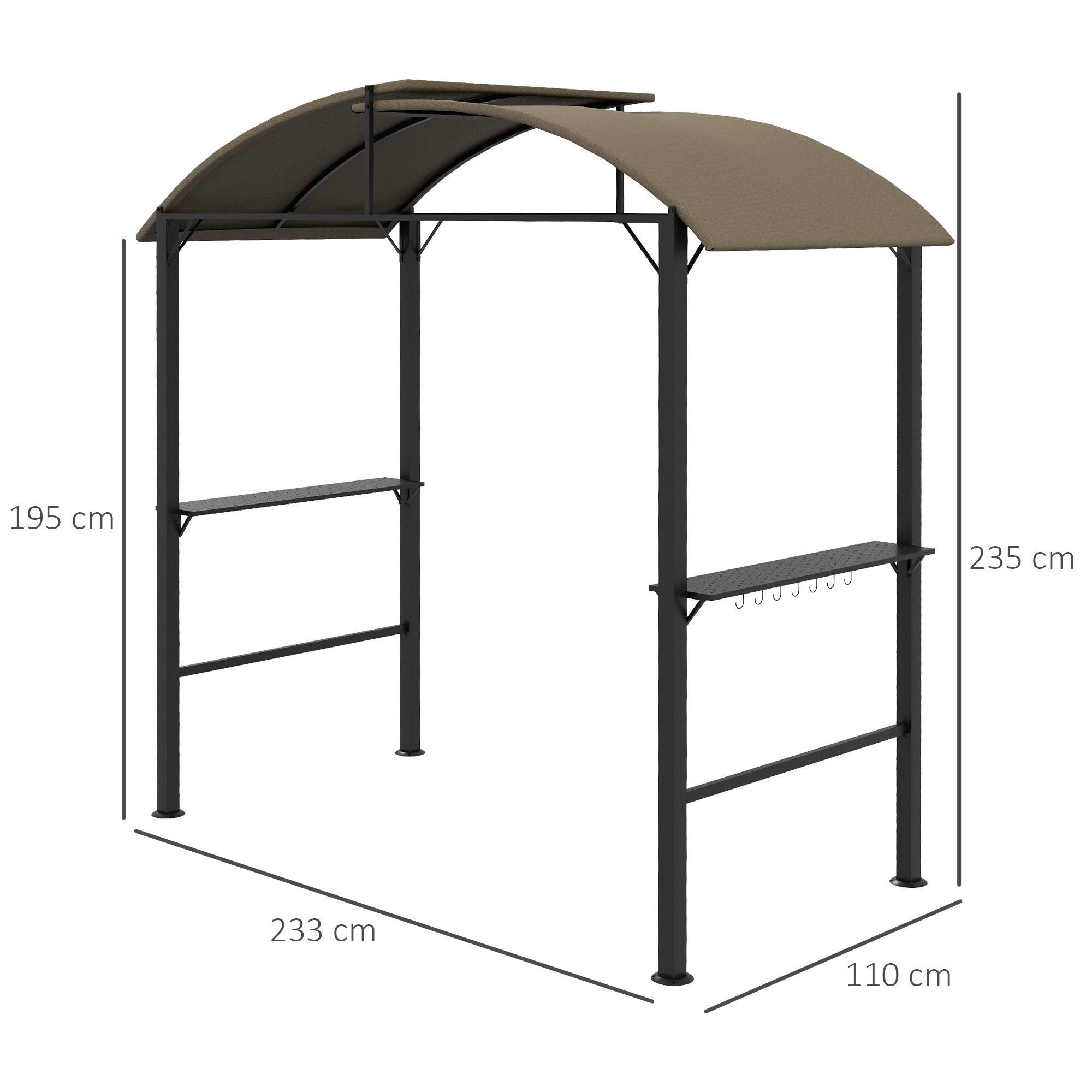 1.1 x 2.3m BBQ Grill Gazebo with Hooks, Grill Canopy Weatherproof Garden Gazebo with Polyester Roof, 2 Side Shelves, for Grills up to 100 cm, Steel, Khaki
