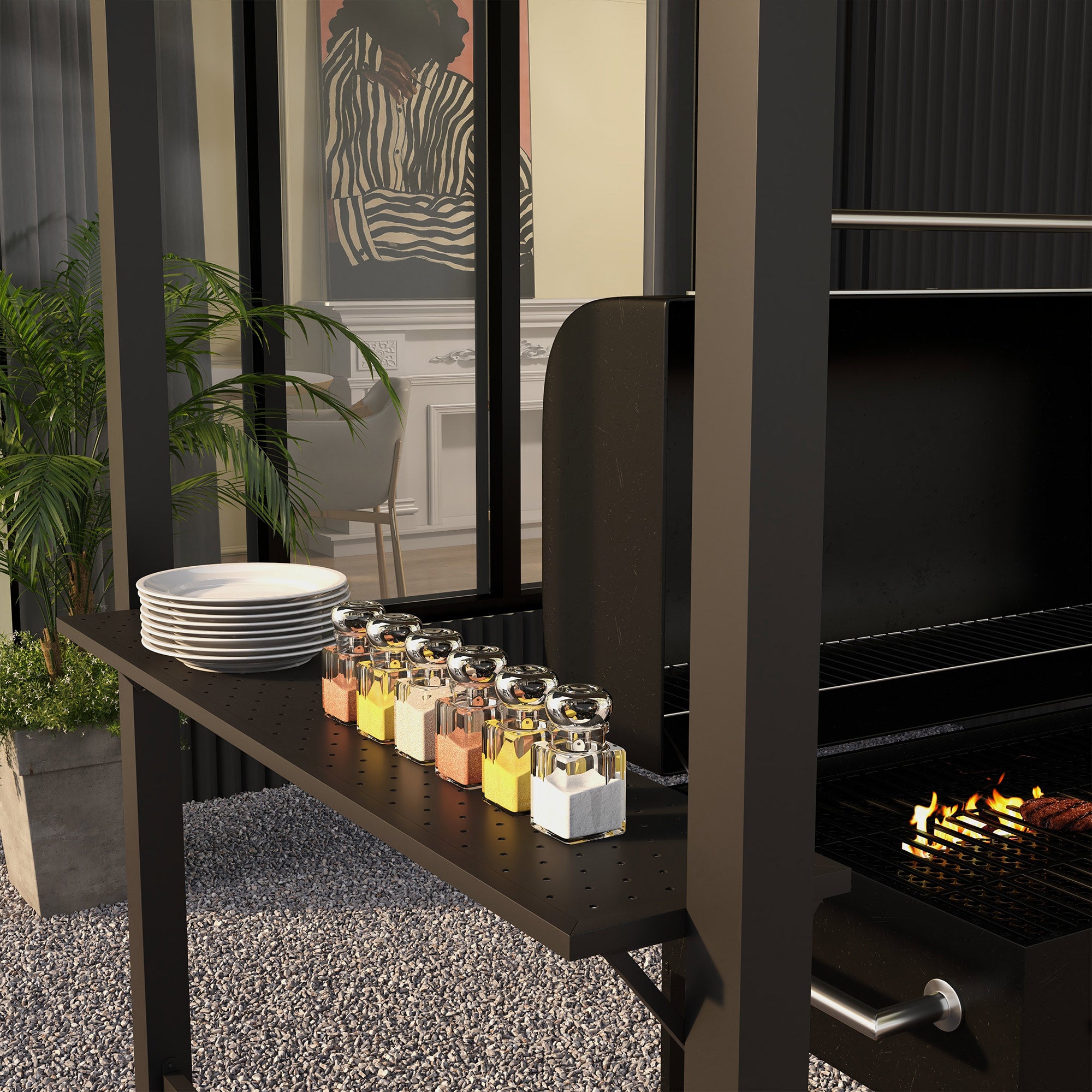 1.1 x 2.3m BBQ Grill Gazebo with Hooks, Grill Canopy Weatherproof Garden Gazebo with Polyester Roof, 2 Side Shelves, for Grills up to 100 cm, Steel, Khaki