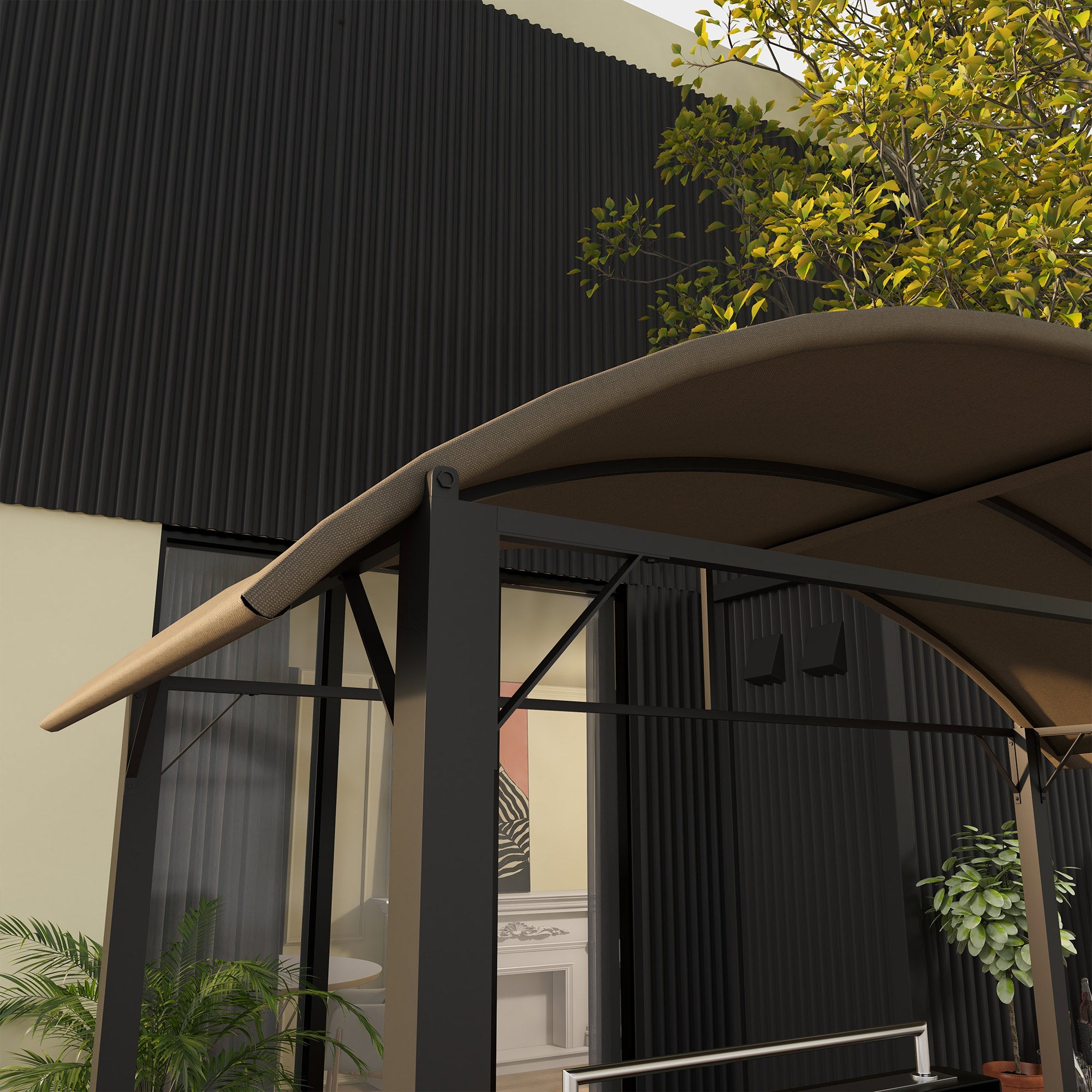 1.1 x 2.3m BBQ Grill Gazebo with Hooks, Grill Canopy Weatherproof Garden Gazebo with Polyester Roof, 2 Side Shelves, for Grills up to 100 cm, Steel, Khaki