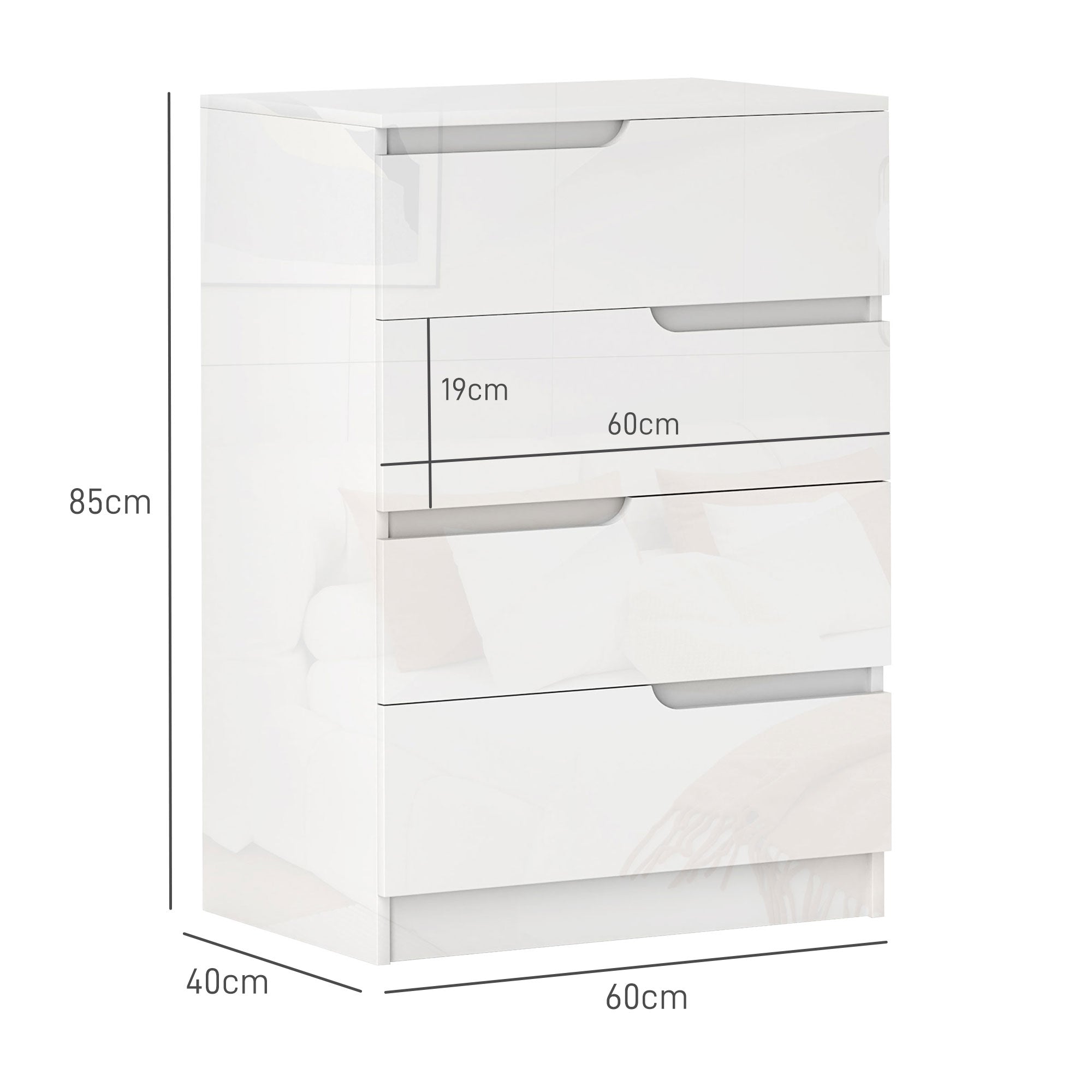 Modern and Minimalist 4-Drawer Dresser, Particle Board Dresser, 60x40x85 cm, Glossy White