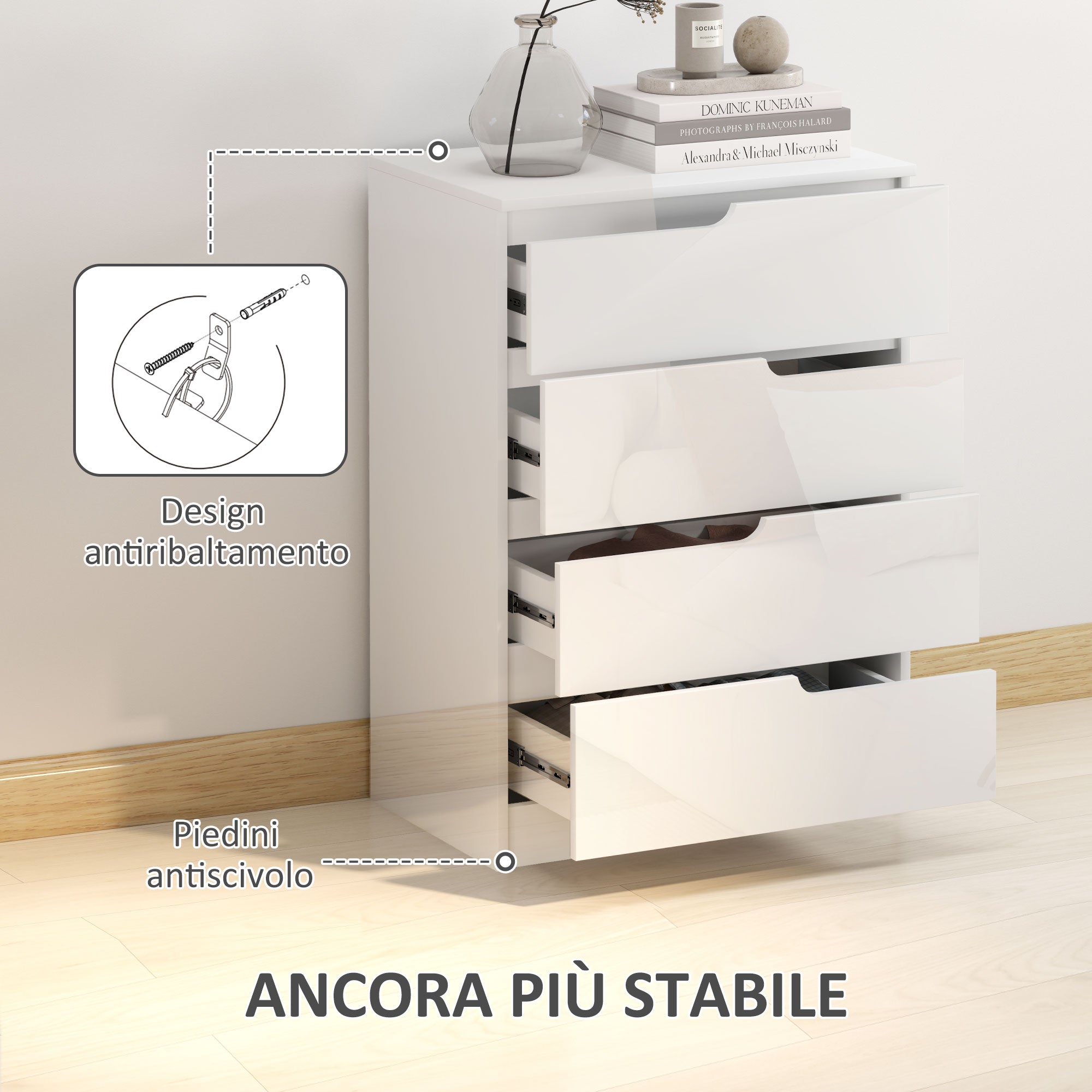 Modern and Minimalist 4-Drawer Dresser, Particle Board Dresser, 60x40x85 cm, Glossy White