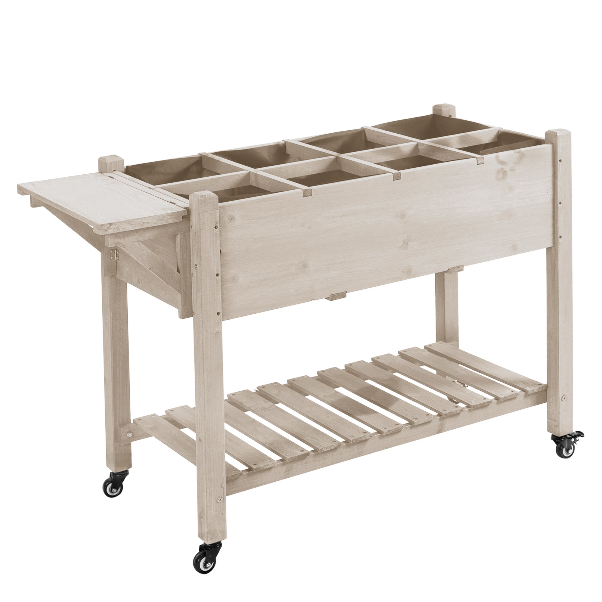 Raised Garden Planter on Wheels - Shelf, Foldable Side Shelf, Irrigation Inserts, Drainage Felt Included - Pre-oiled Spruce Wood dim. 123L x 54W x 87H cm