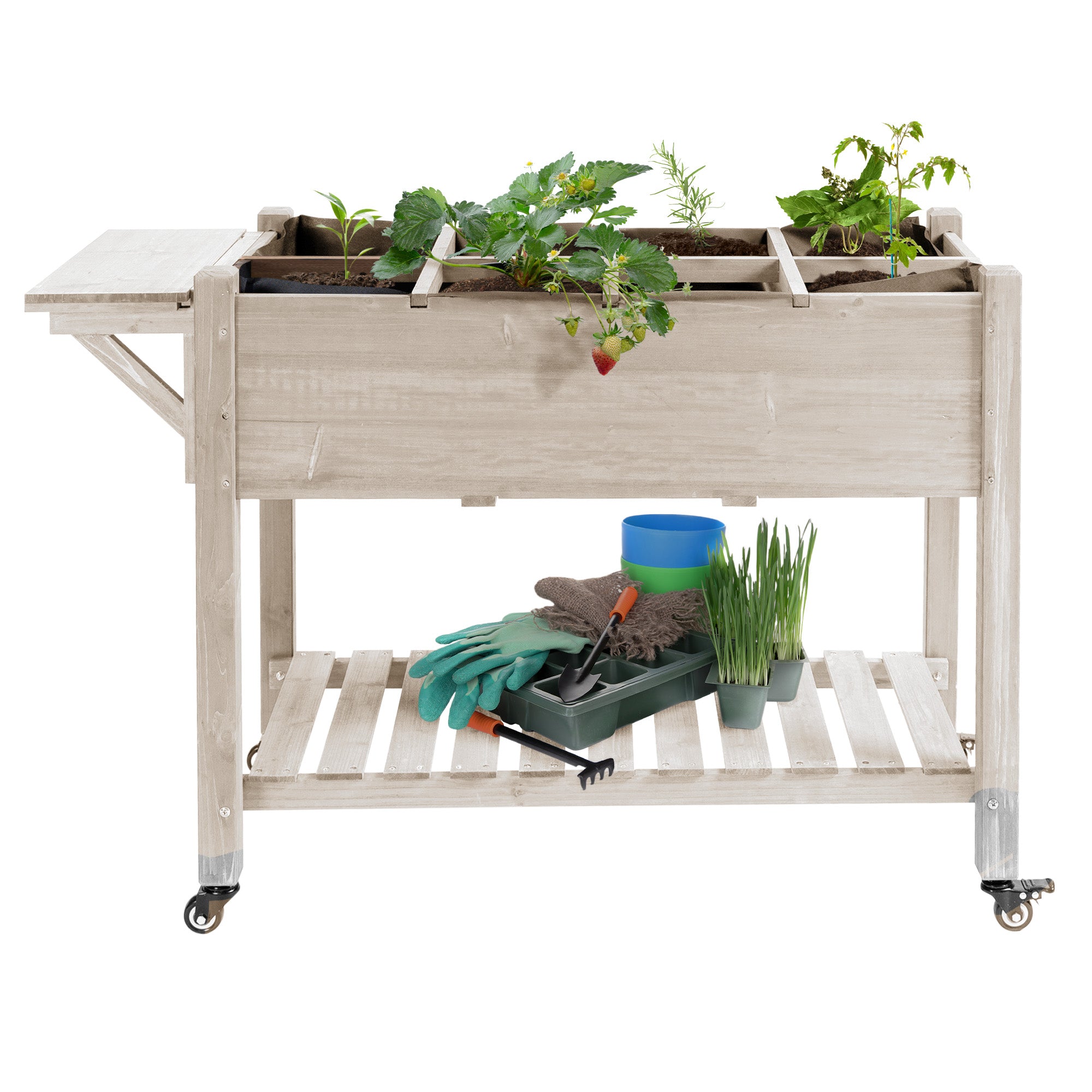 Raised Garden Planter on Wheels - Shelf, Foldable Side Shelf, Irrigation Inserts, Drainage Felt Included - Pre-oiled Spruce Wood dim. 123L x 54W x 87H cm