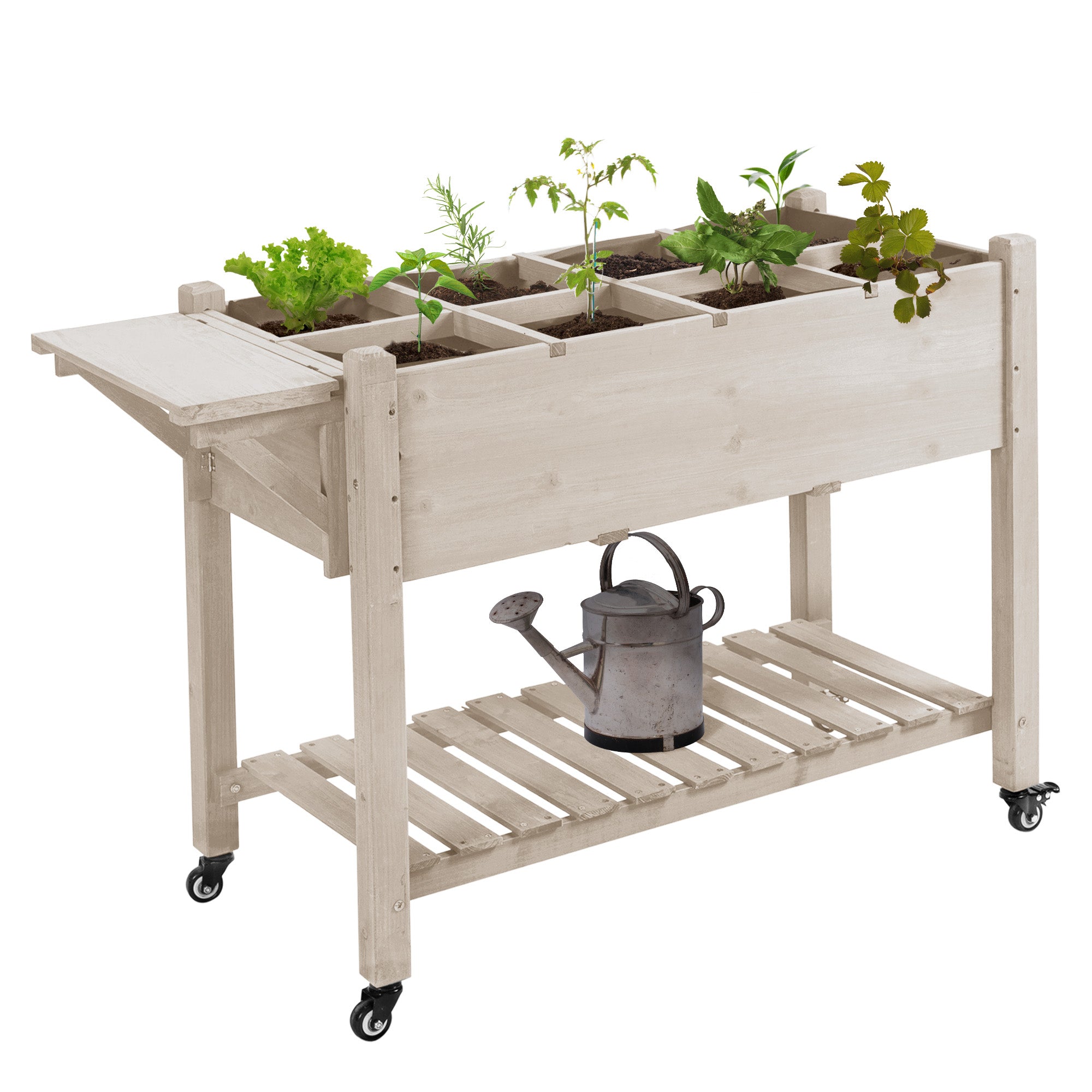 Raised Garden Planter on Wheels - Shelf, Foldable Side Shelf, Irrigation Inserts, Drainage Felt Included - Pre-oiled Spruce Wood dim. 123L x 54W x 87H cm