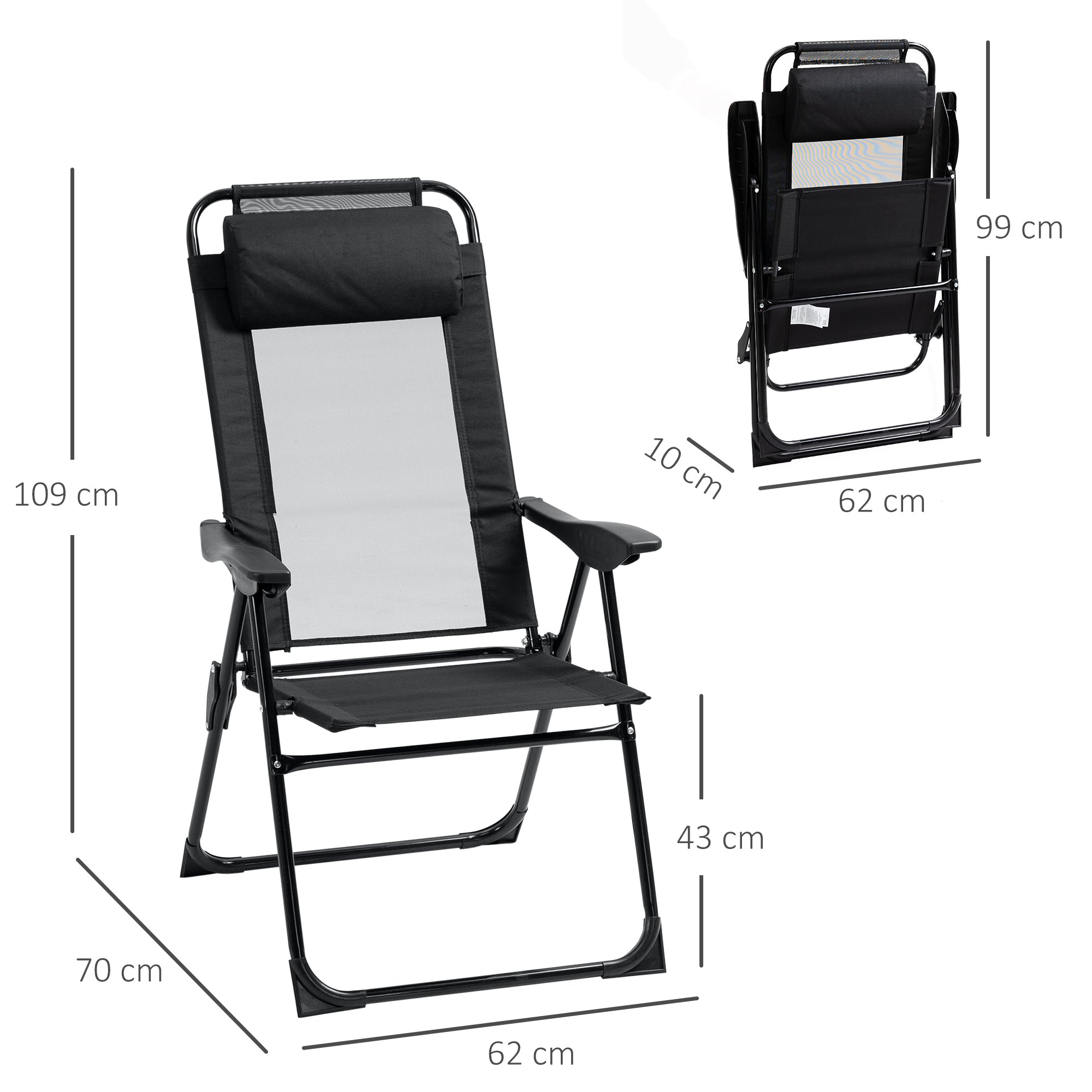 Set of 2 Folding Chairs, Foldable Garden Chair with Adjustable Backrest Armrest Camping Chair for Garden Balcony Up to 120 kg Load Capacity Oxford Black