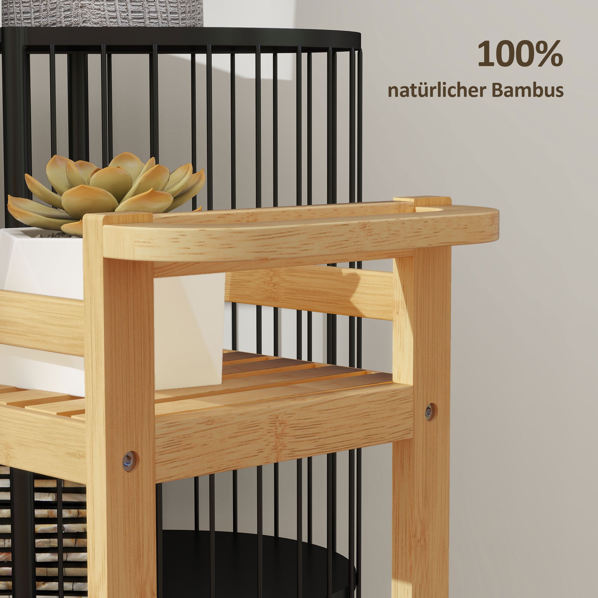 Serving Cart with 3 Levels Kitchen Trolley with Wheels, Handle Rolling Cart made of Bamboo Kitchen Shelf Kitchen Trolley for Kitchen, Office, Bathroom, Natural Wood