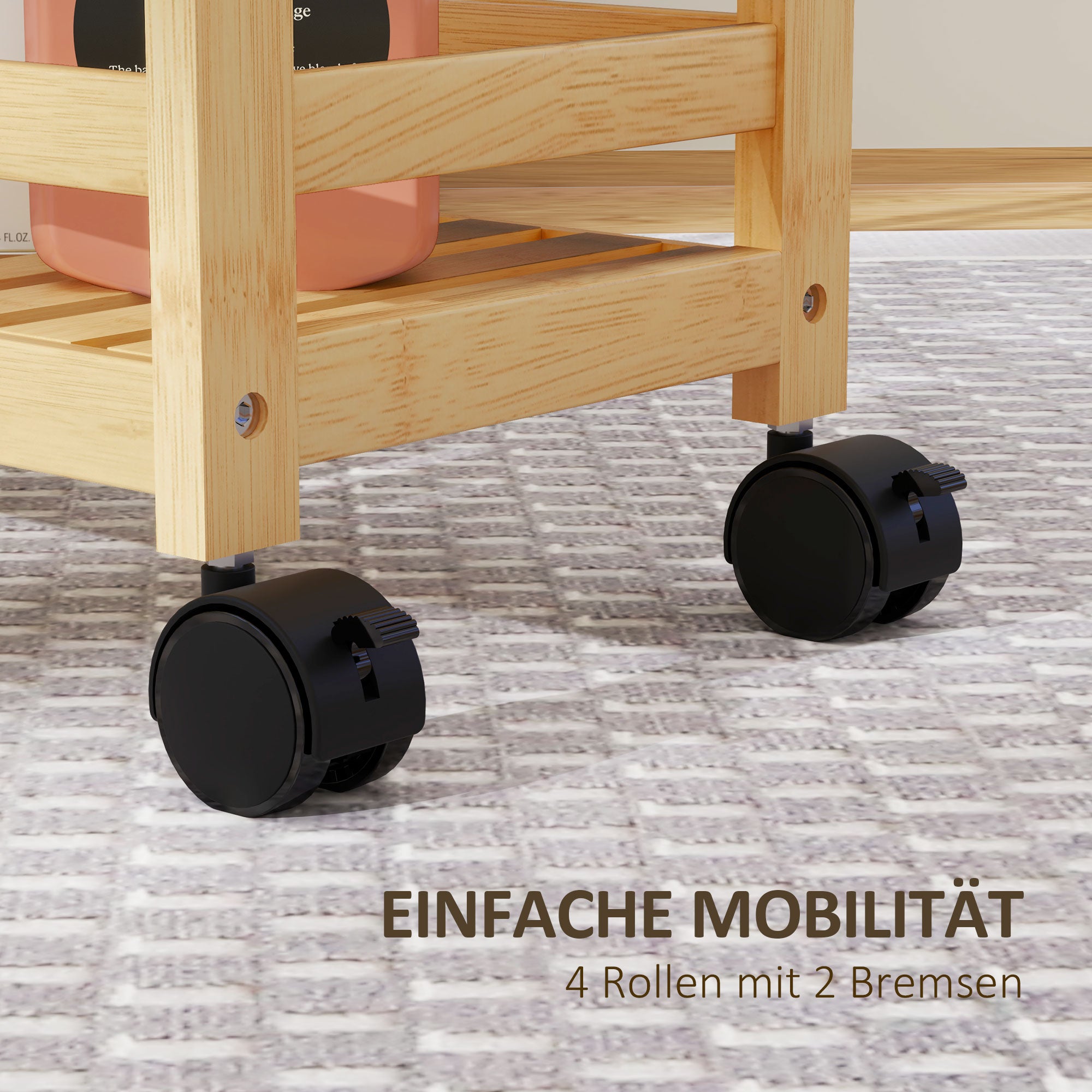 Serving Cart with 3 Levels Kitchen Trolley with Wheels, Handle Rolling Cart made of Bamboo Kitchen Shelf Kitchen Trolley for Kitchen, Office, Bathroom, Natural Wood