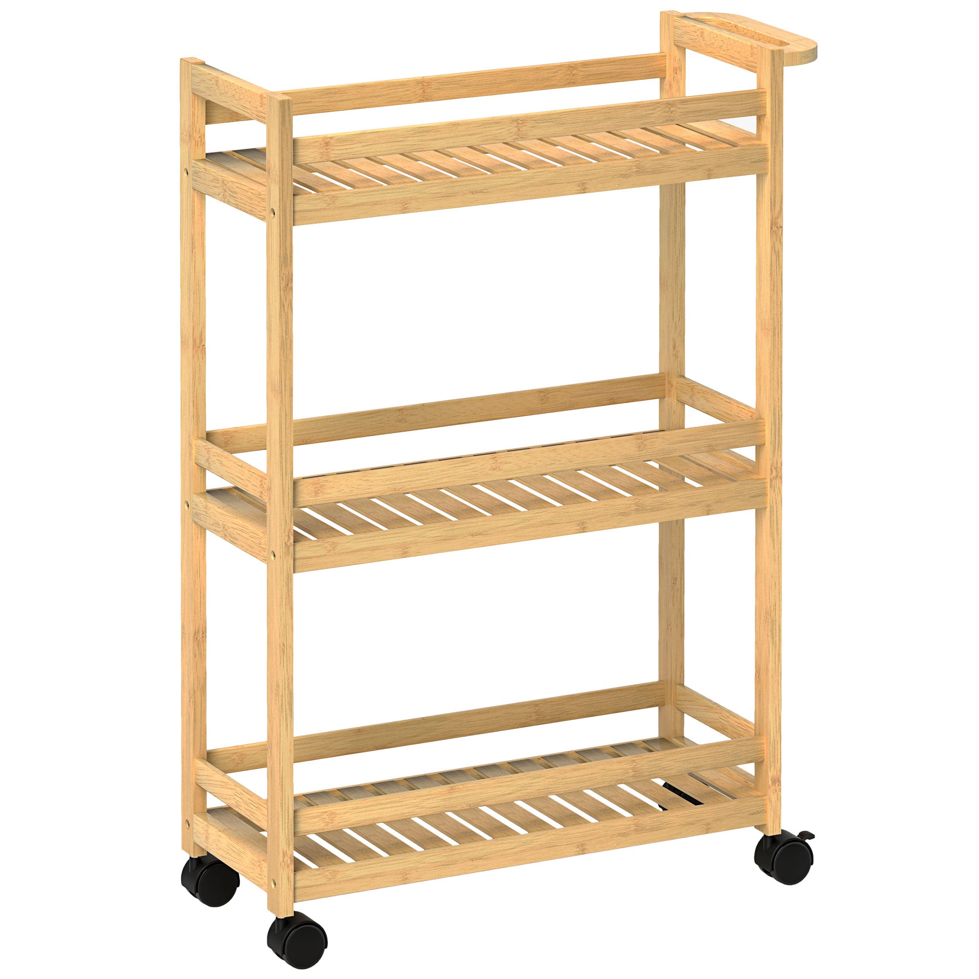 Serving Cart with 3 Levels Kitchen Trolley with Wheels, Handle Rolling Cart made of Bamboo Kitchen Shelf Kitchen Trolley for Kitchen, Office, Bathroom, Natural Wood