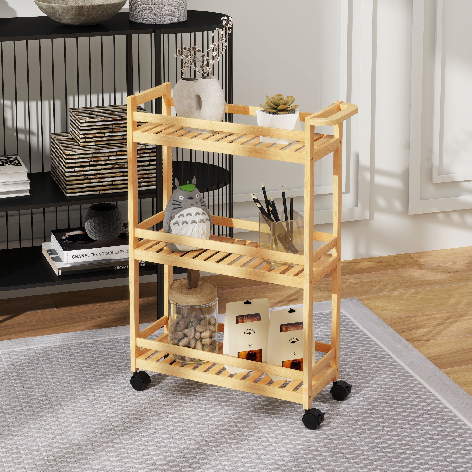 Serving Cart with 3 Levels Kitchen Trolley with Wheels, Handle Rolling Cart made of Bamboo Kitchen Shelf Kitchen Trolley for Kitchen, Office, Bathroom, Natural Wood