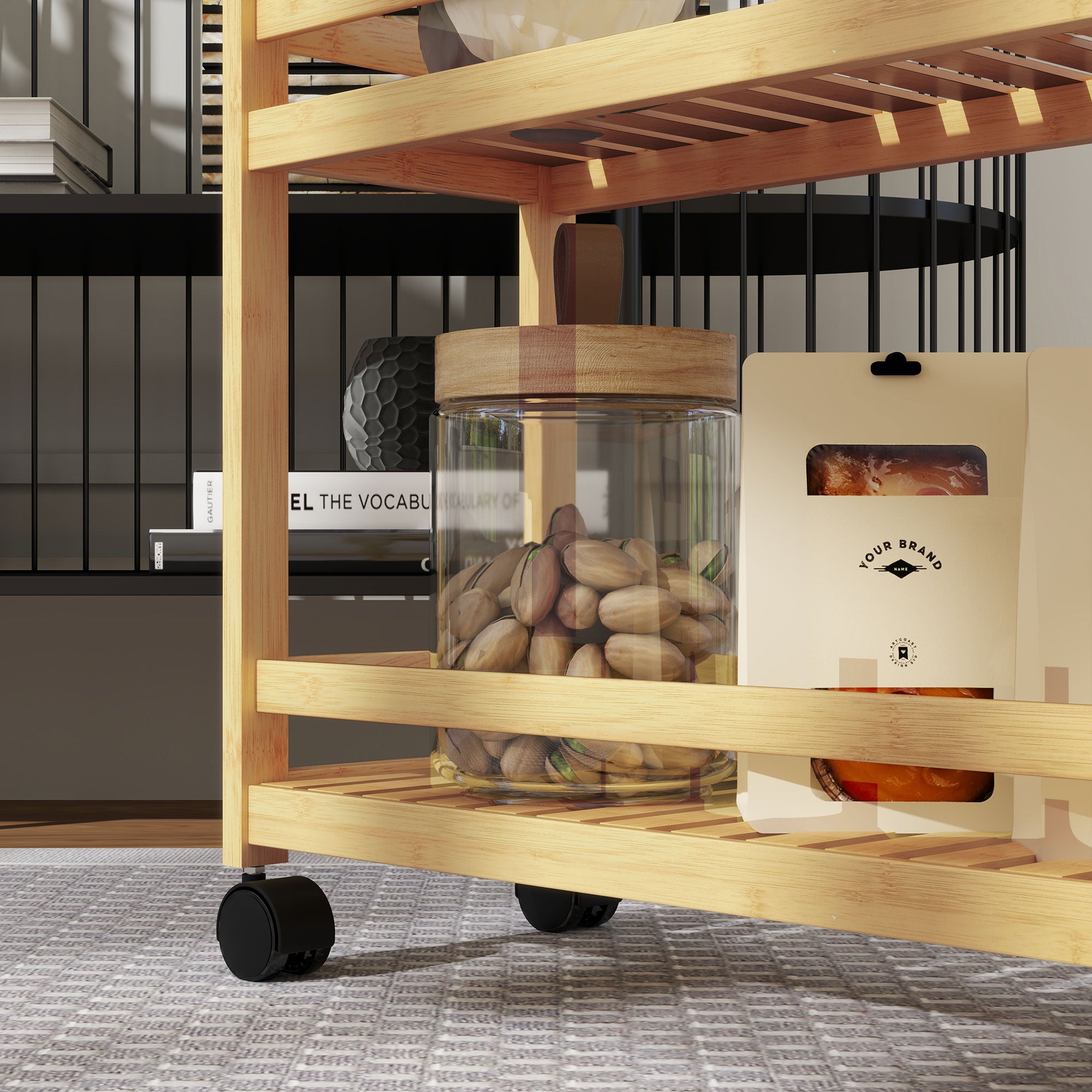 Serving Cart with 3 Levels Kitchen Trolley with Wheels, Handle Rolling Cart made of Bamboo Kitchen Shelf Kitchen Trolley for Kitchen, Office, Bathroom, Natural Wood