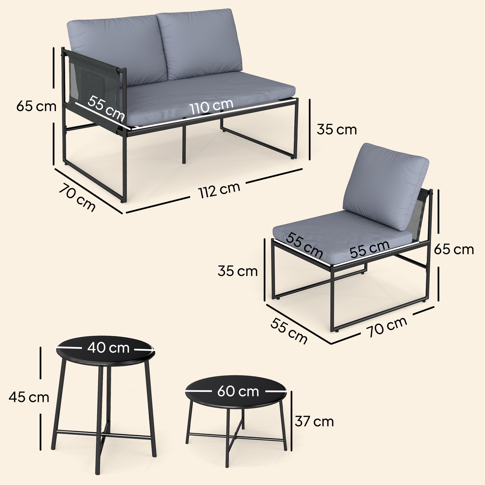 5-Piece Outdoor Lounge Set for 4–5 – Modular L-Shaped Sofa, Armless Chair, 2 Coffee Tables, Washable Cushions, Breathable Mesh Seats – Dark Gray