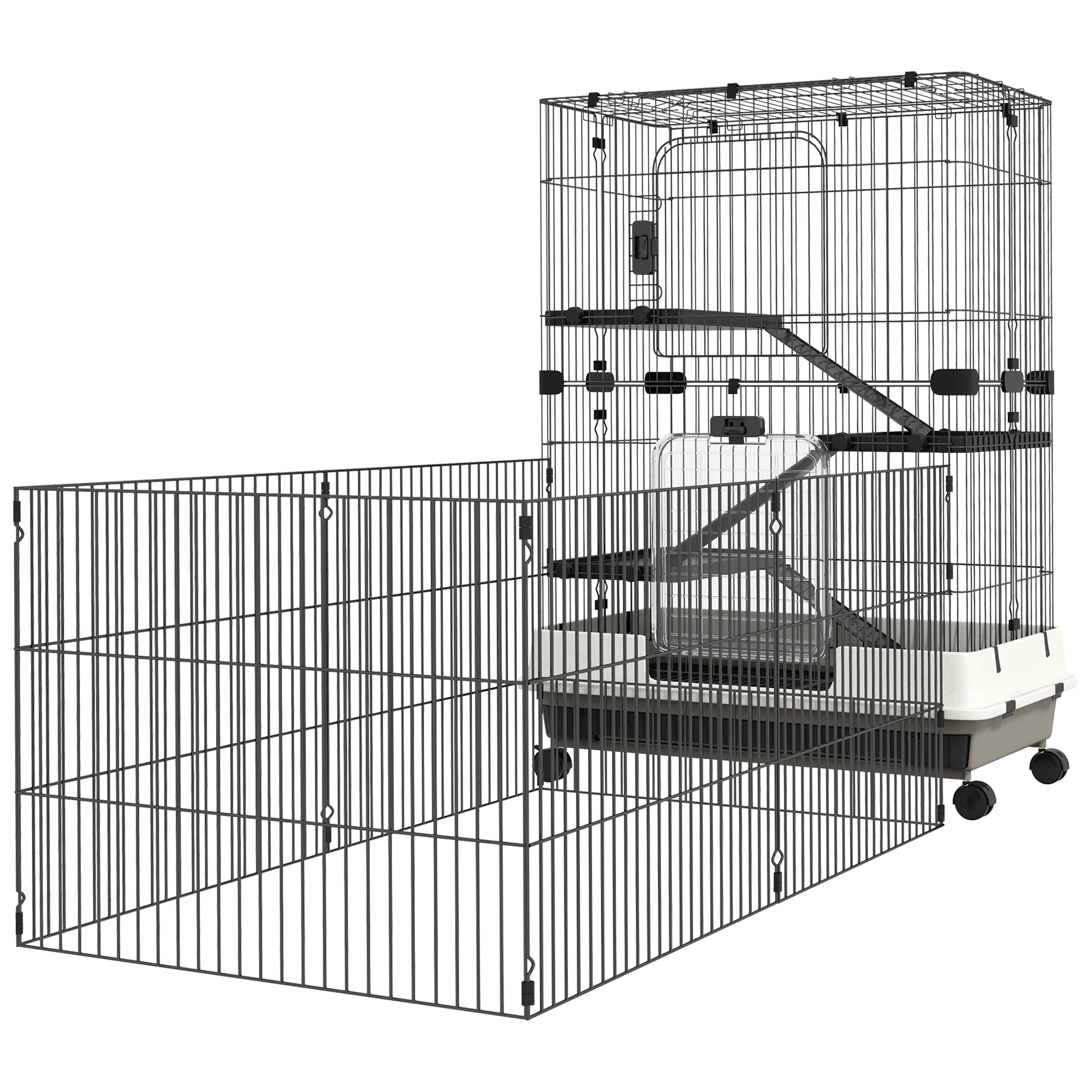 Small Animal Cage on Wheels 3 Removable Platforms 3 Ramps, Removable Bottom Tray Metal PP 182 x 81 x 114 cm Black