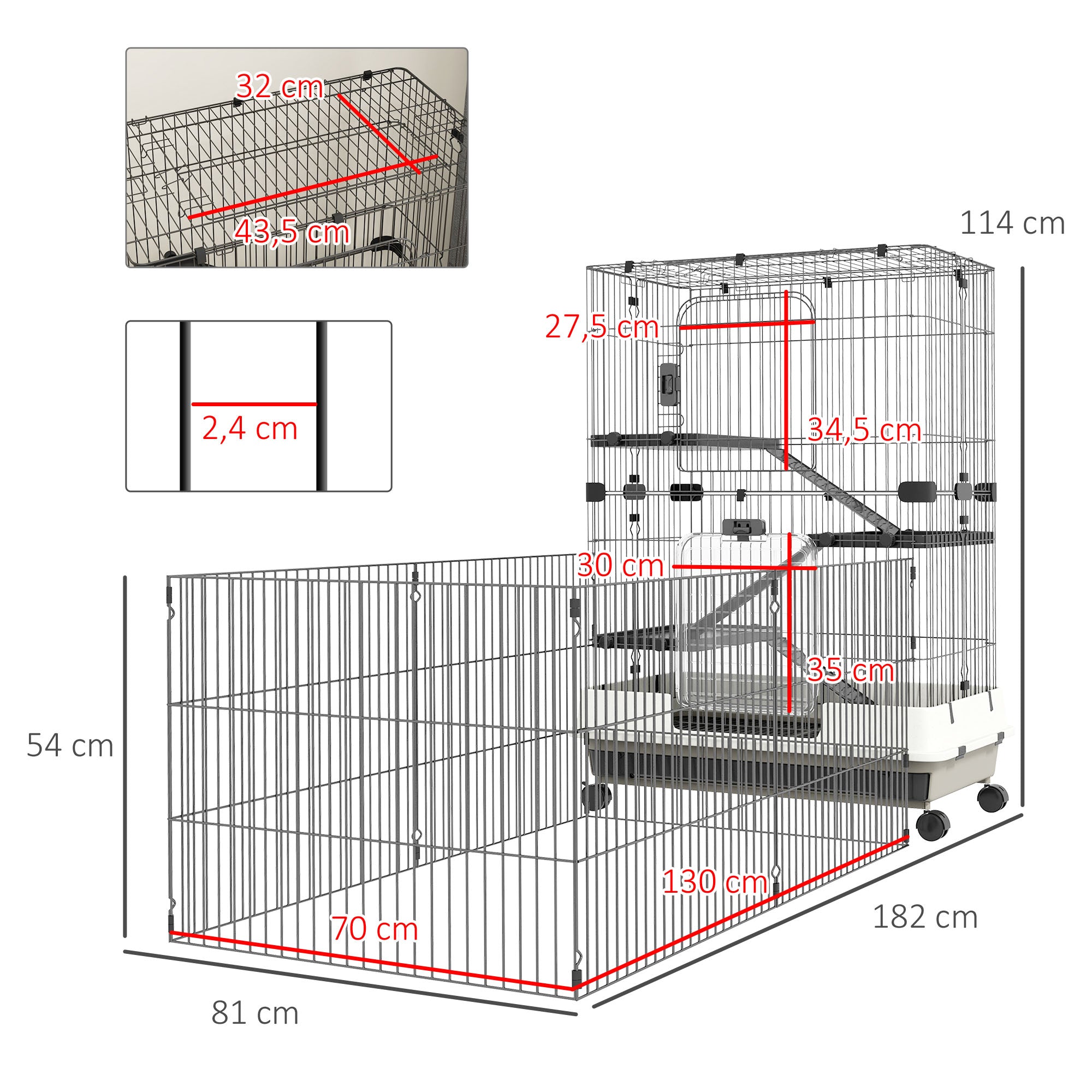 Small Animal Cage on Wheels 3 Removable Platforms 3 Ramps, Removable Bottom Tray Metal PP 182 x 81 x 114 cm Black
