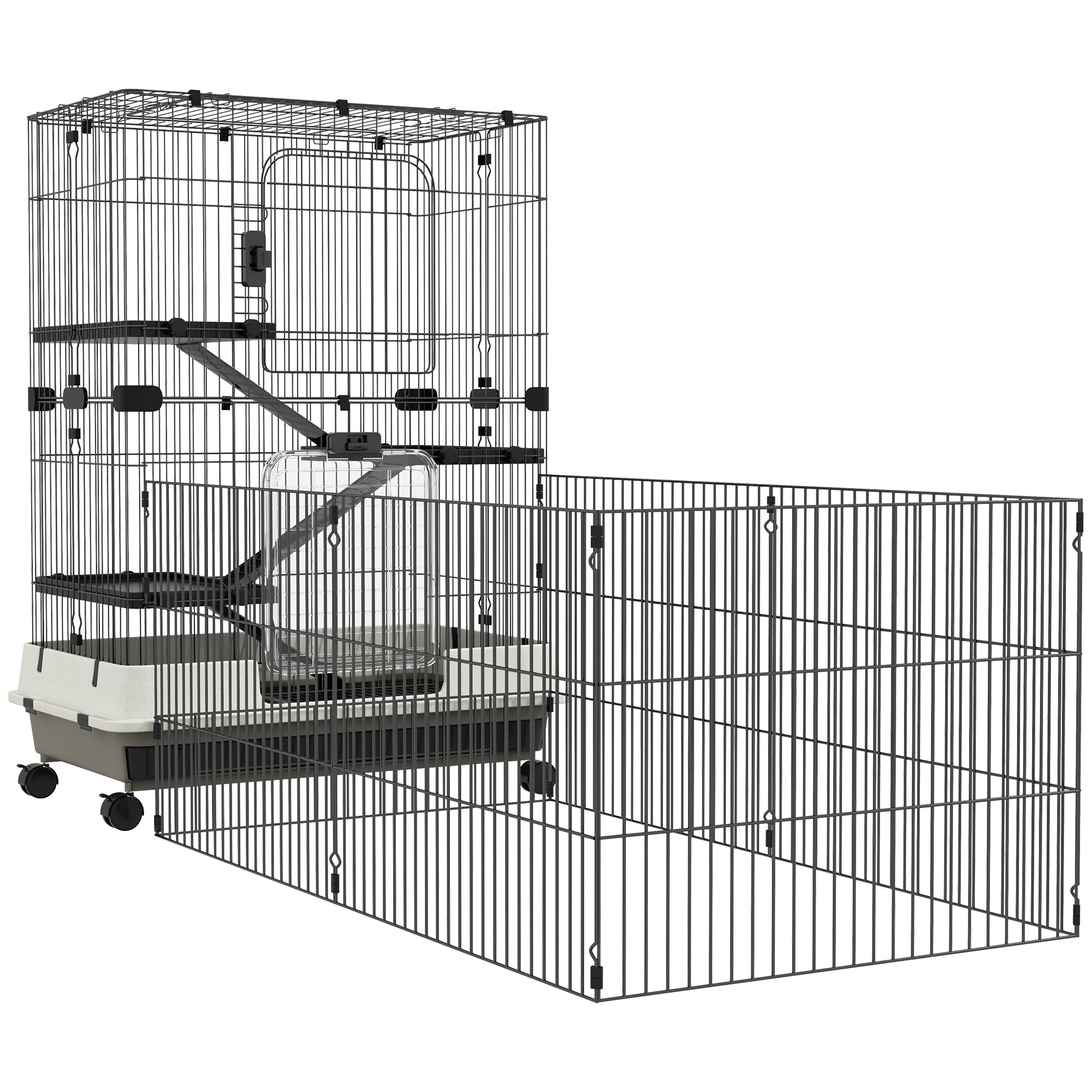 Small Animal Cage on Wheels 3 Removable Platforms 3 Ramps, Removable Bottom Tray Metal PP 182 x 81 x 114 cm Black
