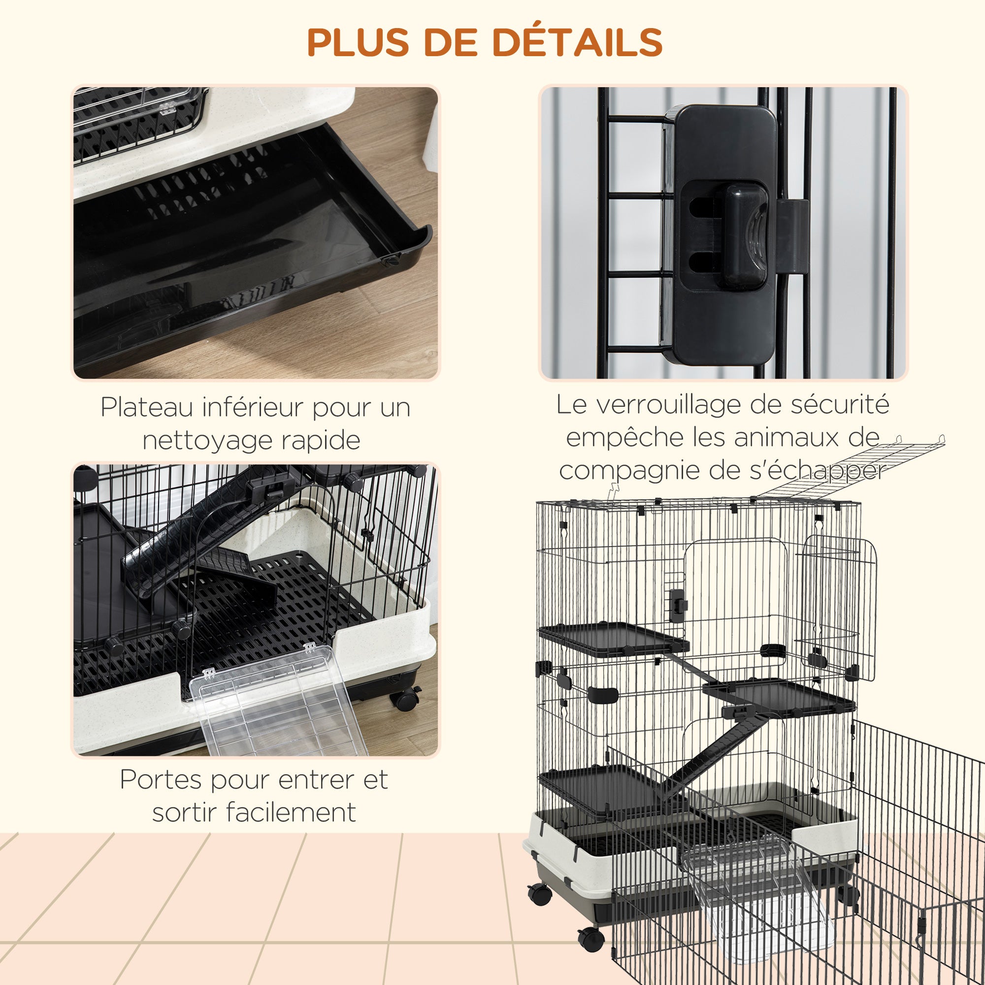 Small Animal Cage on Wheels 3 Removable Platforms 3 Ramps, Removable Bottom Tray Metal PP 182 x 81 x 114 cm Black