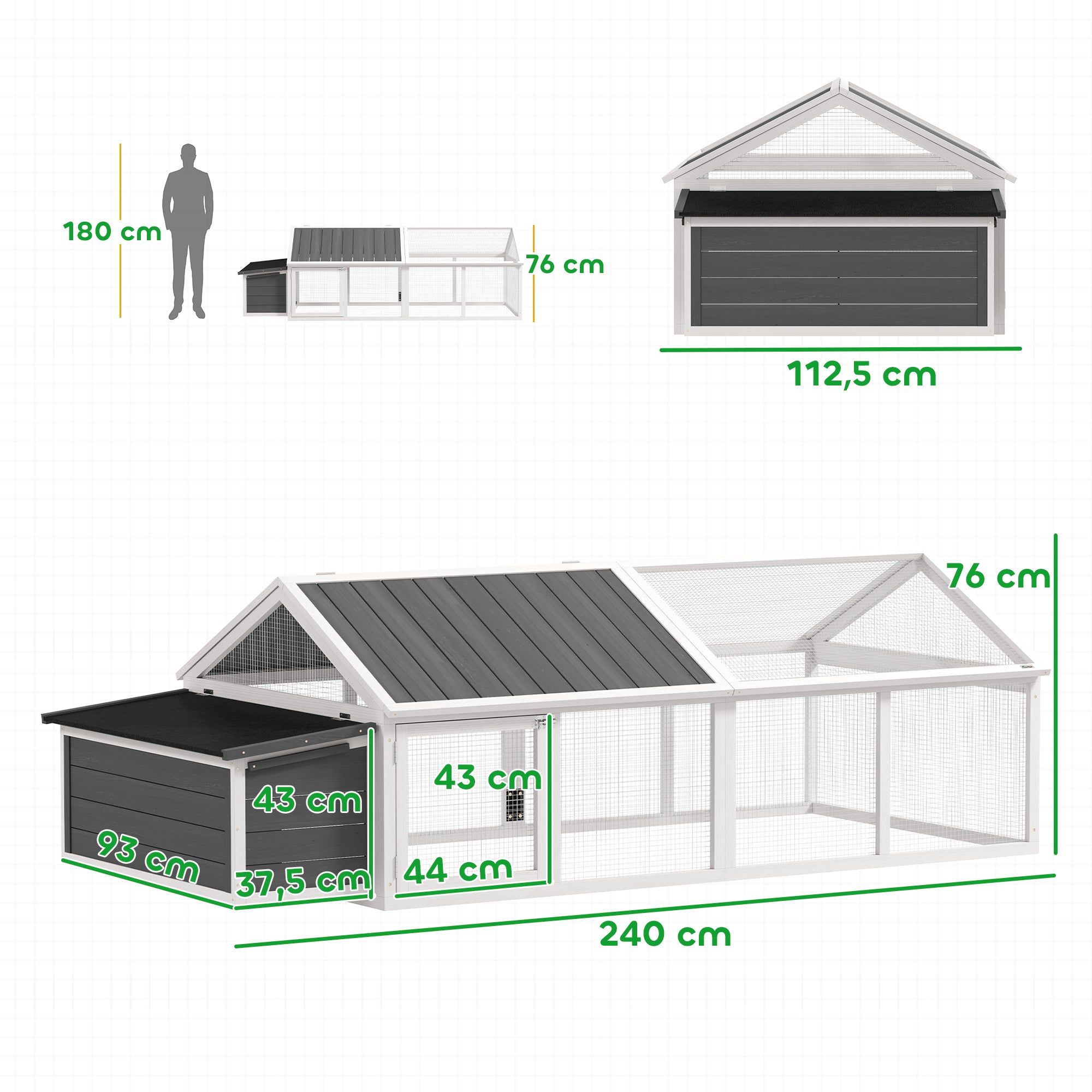 Outdoor Chicken Coop 240x112.5x76 cm Wooden Chicken Coop with Flip-Top Roof Enclosure Lockable Doors and Nesting Box for Chickens Rabbits Ducks White and Gray