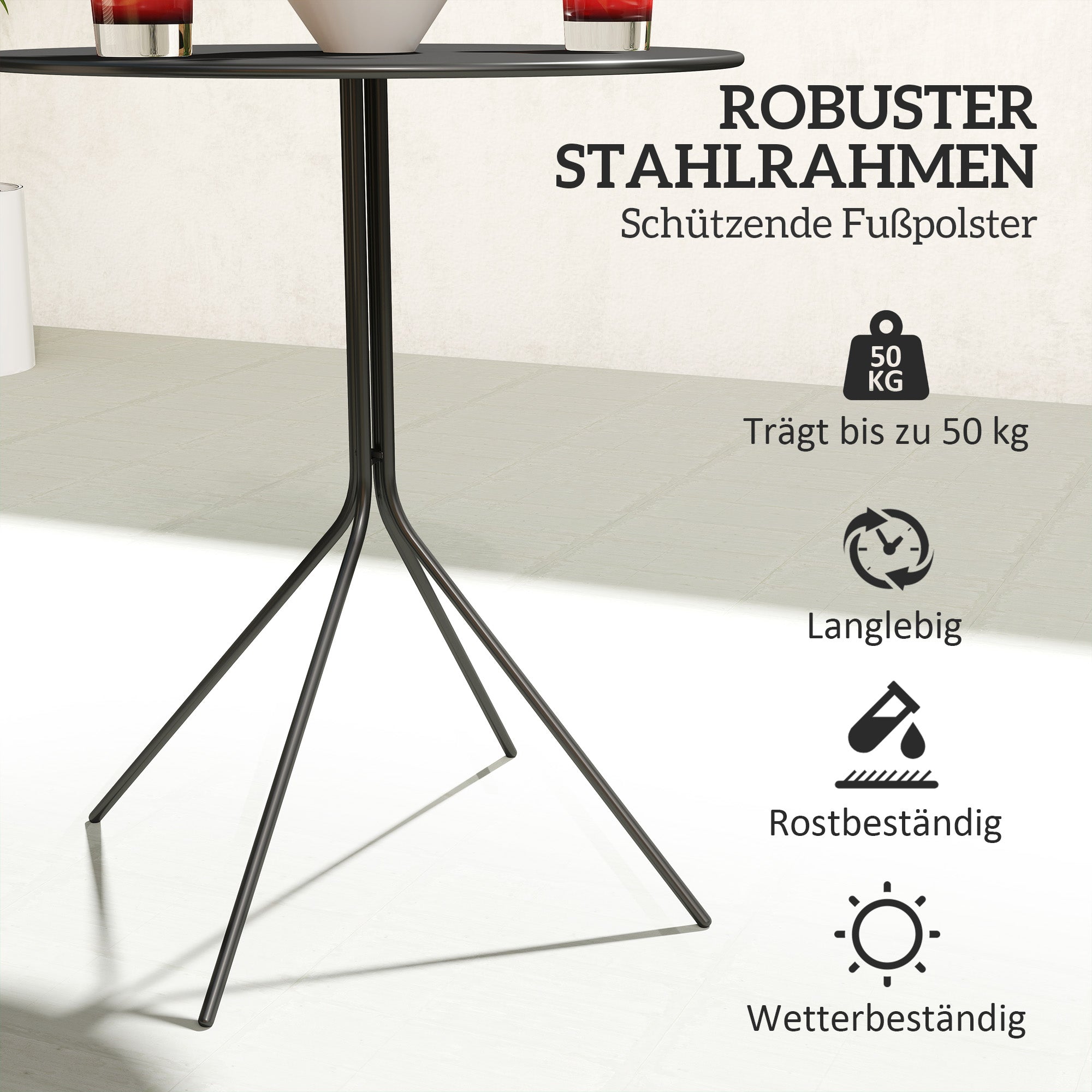 Folding Garden Table Ø60 x 71 cm, Weather-resistant Steel Patio Table, Round Side Table with Foot Pads, Outdoor Dining Table, Camping Table, Patio Table for Garden Terrace Balcony Black